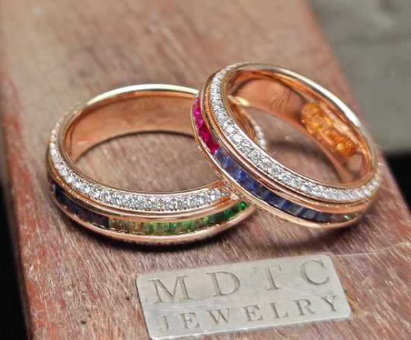 Rainbow Princess-Cut Gemstone Band Ring in Rose Gold – Luxe Multicolor Stacking Ring | DS IMPEX Exclusive