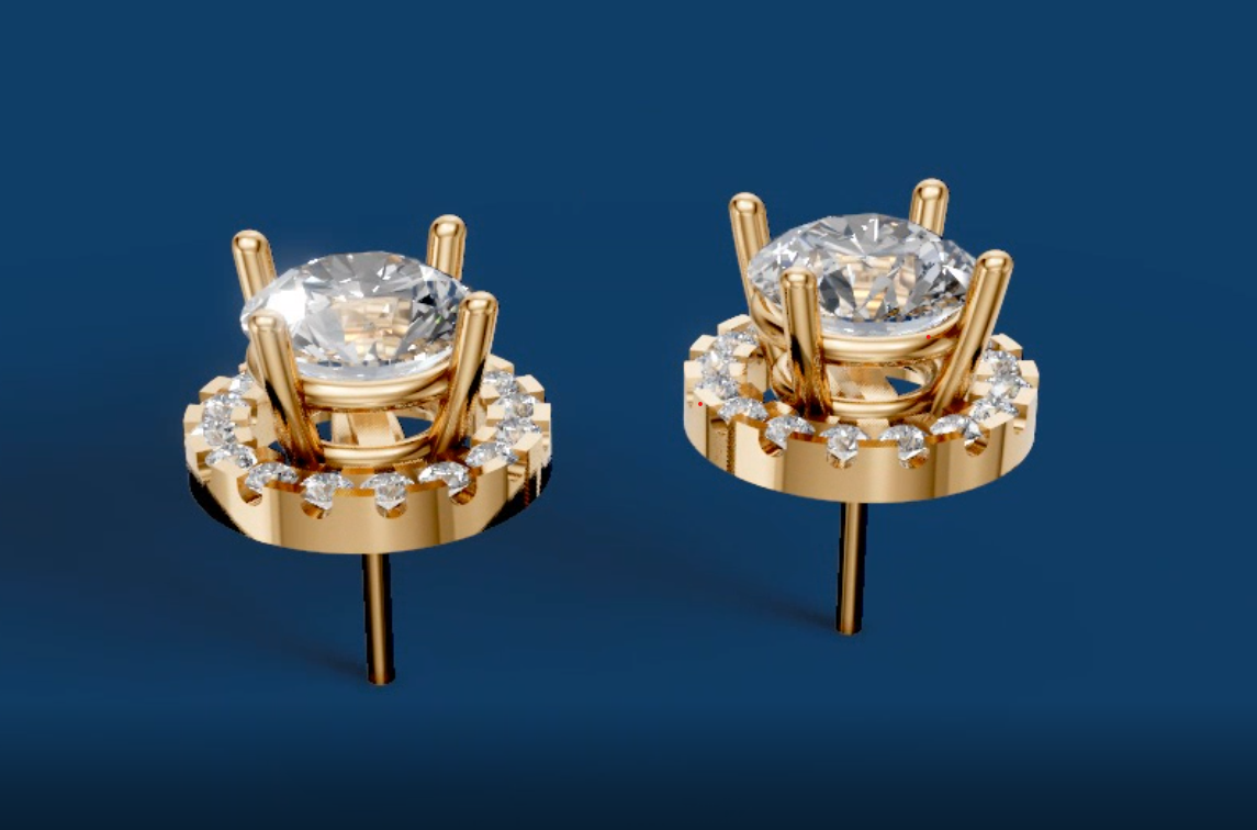Classic Halo Solitaire Stud Earrings in Yellow Gold | Round Brilliant Center with Diamond Accents