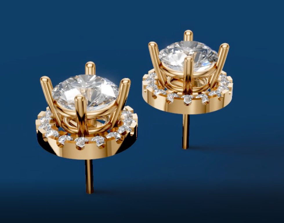 Classic Halo Solitaire Stud Earrings in Yellow Gold | Round Brilliant Center with Diamond Accents