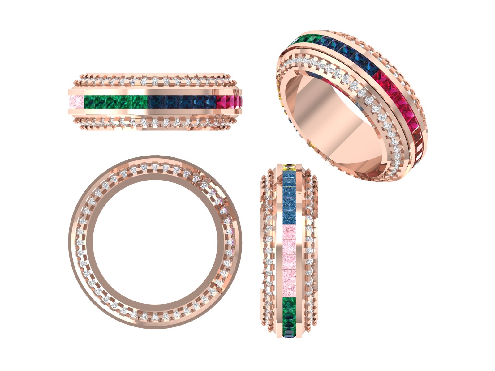 Rainbow Princess-Cut Gemstone Band Ring in Rose Gold – Luxe Multicolor Stacking Ring | DS IMPEX Exclusive