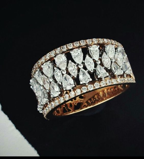 Wide Eternity Band with Pear & Marquise Diamond Cluster | 18K Rose Gold Statement Cocktail Ring