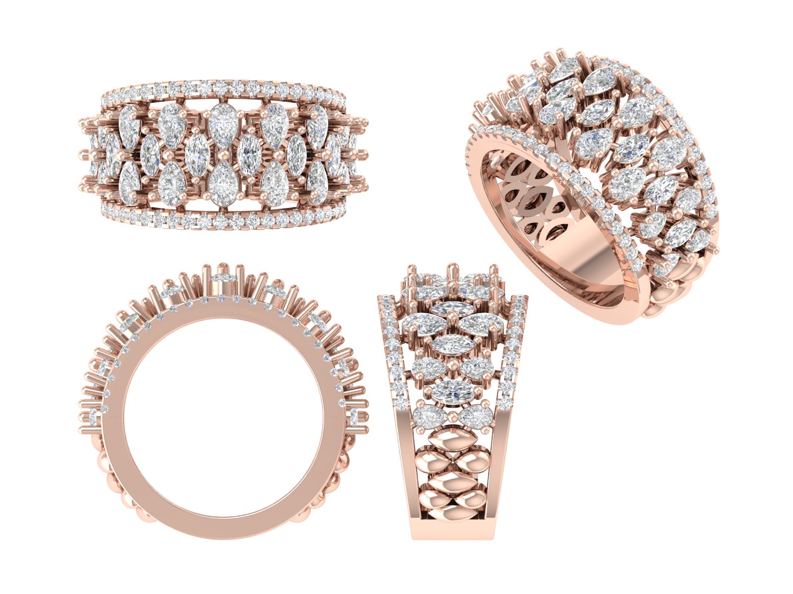 Wide Eternity Band with Pear & Marquise Diamond Cluster | 18K Rose Gold Statement Cocktail Ring