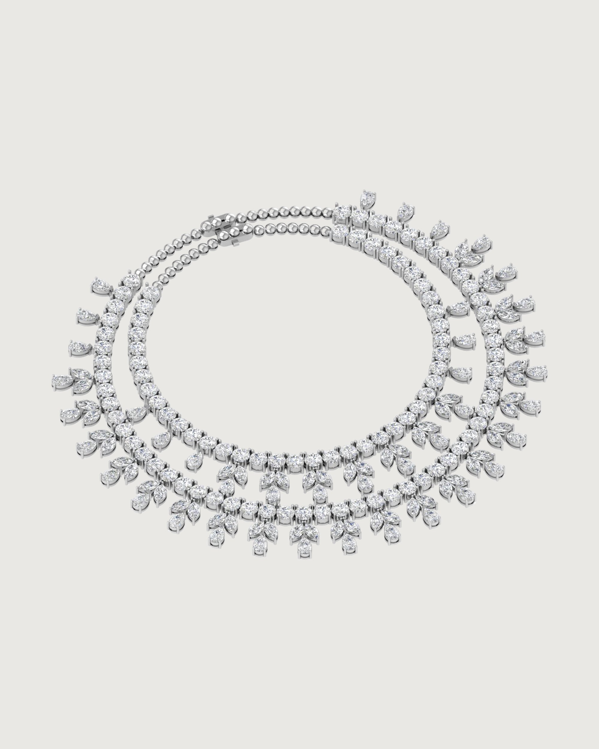 White Gold Double-Layer Diamond Leaf Necklace | Round & Pear Cut Designer Statement Choker