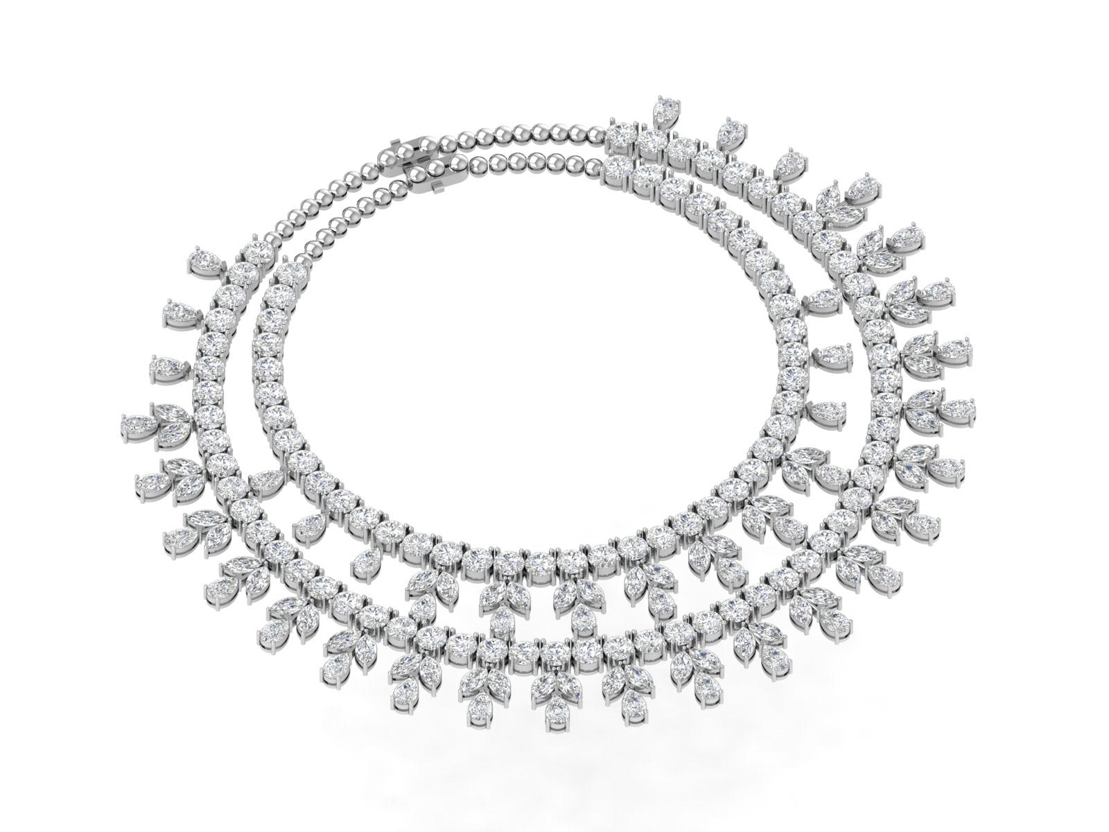 White Gold Double-Layer Diamond Leaf Necklace | Round & Pear Cut Designer Statement Choker