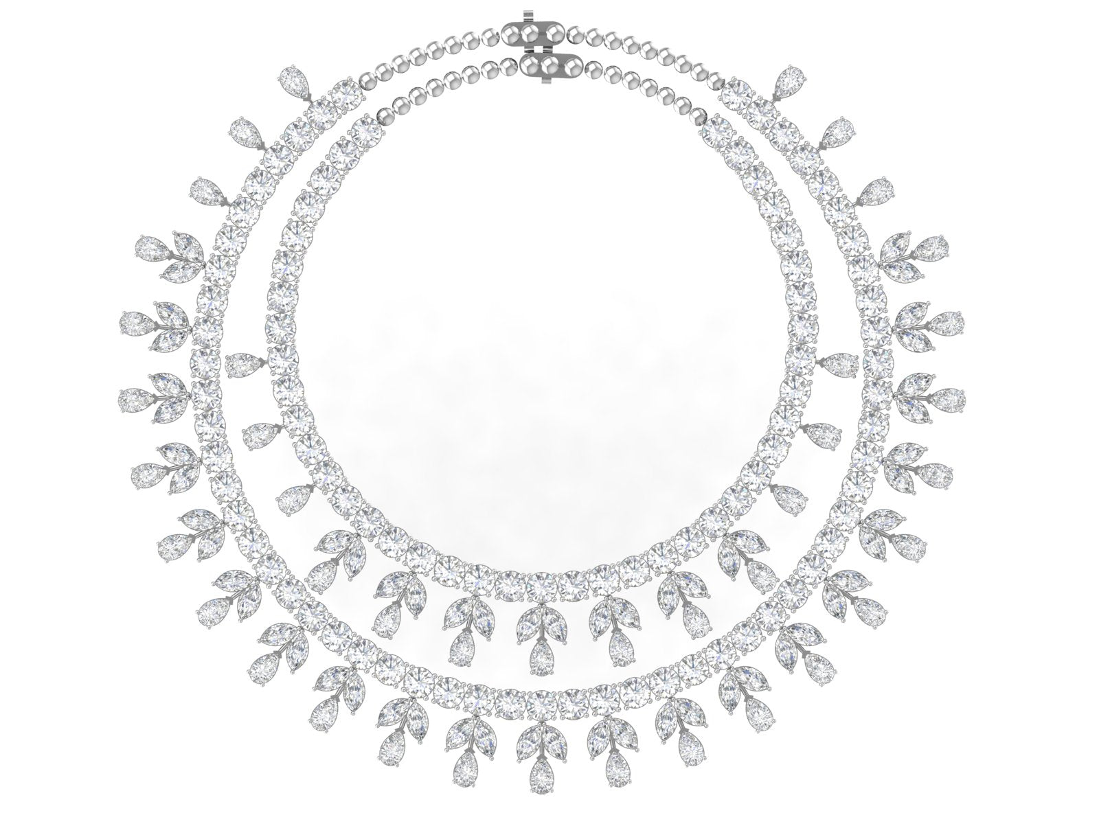 White Gold Double-Layer Diamond Leaf Necklace | Round & Pear Cut Designer Statement Choker