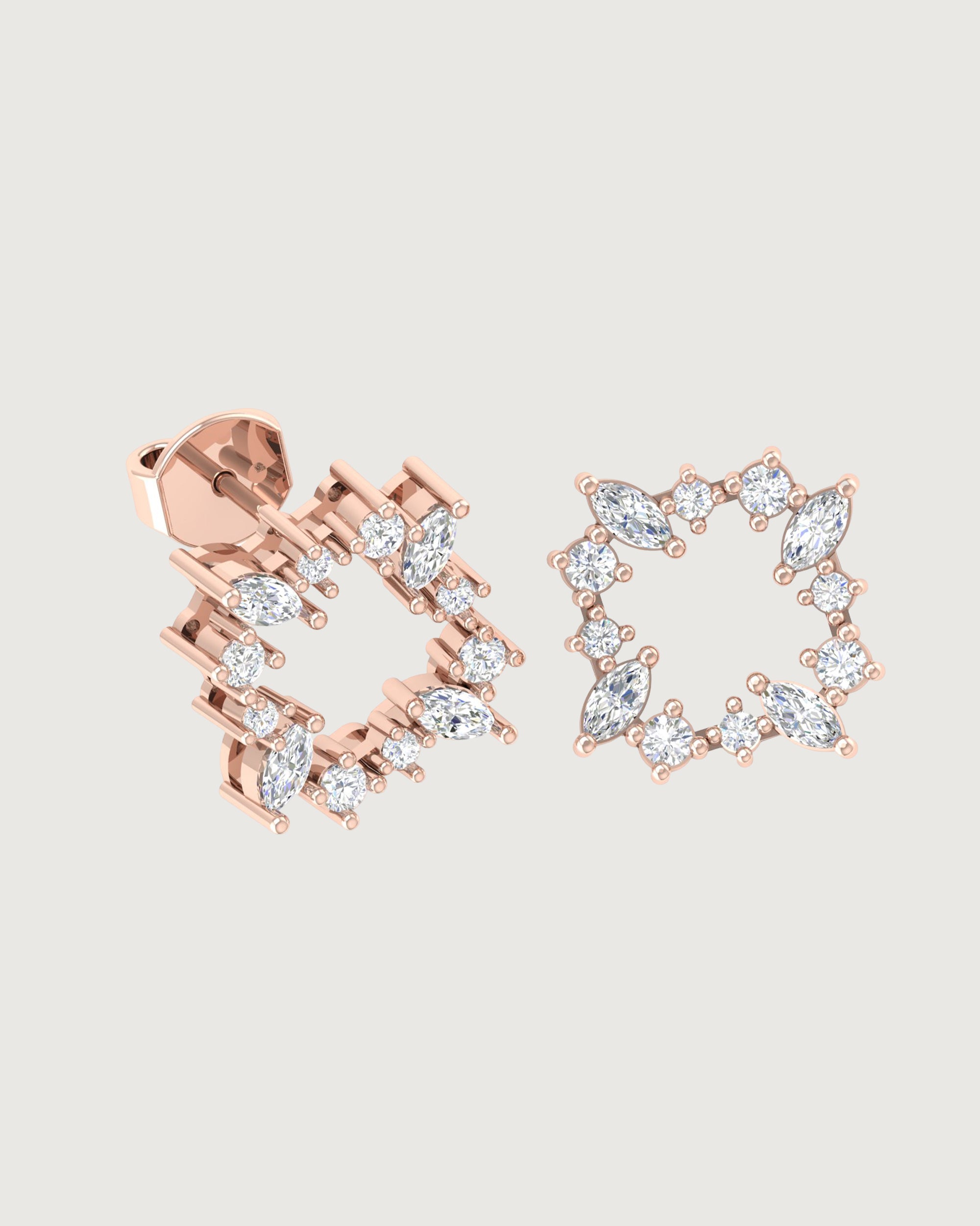 Rose Gold Marquise & Round Diamond Starburst Earrings | Geometric Studs