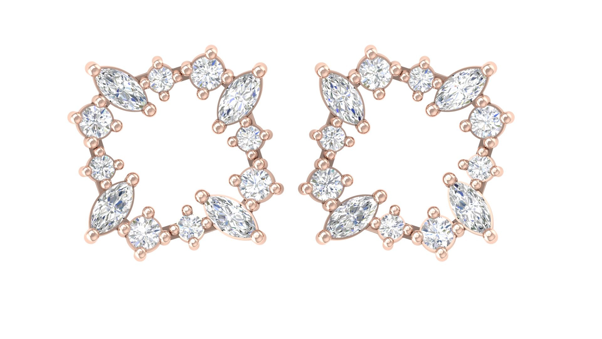 Rose Gold Marquise & Round Diamond Starburst Earrings | Geometric Studs