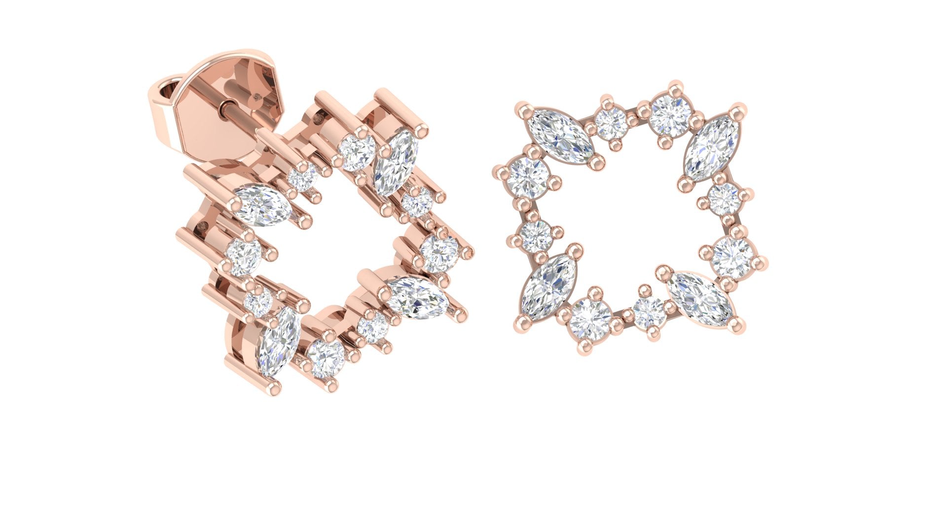 Rose Gold Marquise & Round Diamond Starburst Earrings | Geometric Studs