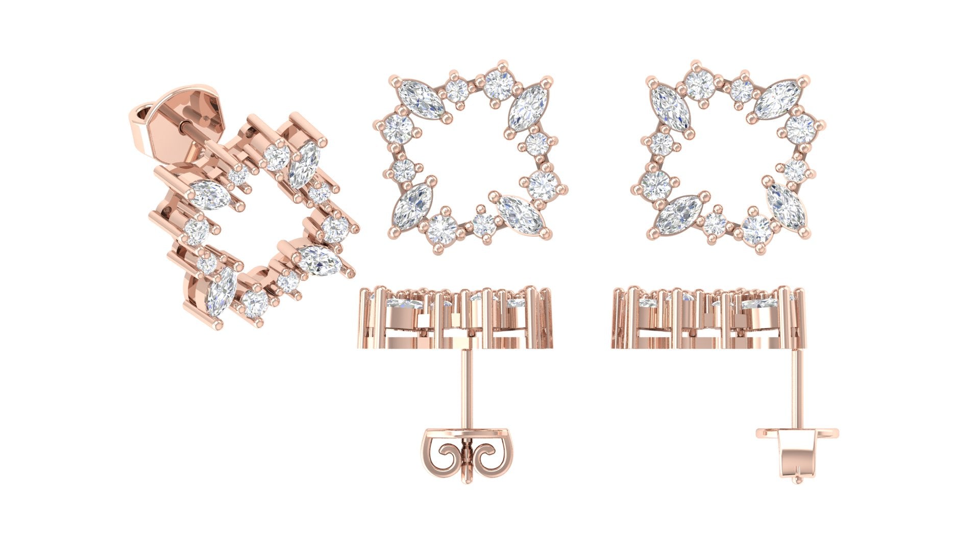 Rose Gold Marquise & Round Diamond Starburst Earrings | Geometric Studs