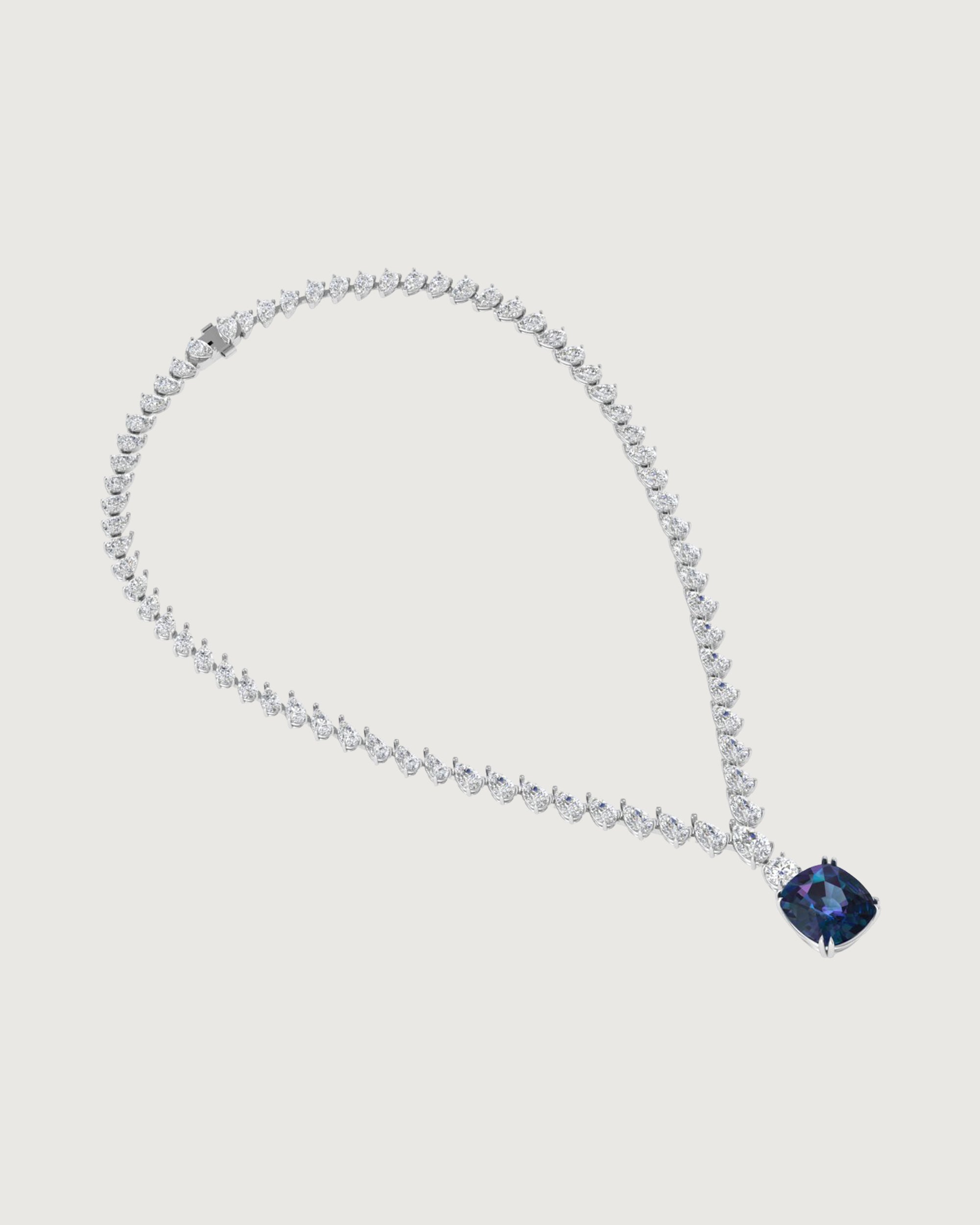 White Gold Diamond Drop Necklace with Blue Sapphire Center | Pear Cut Tennis Chain
