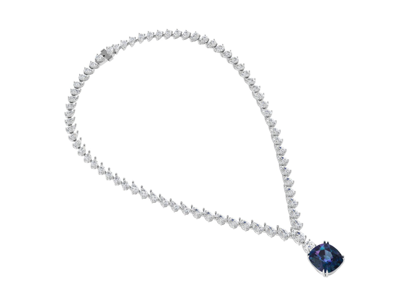 White Gold Diamond Drop Necklace with Blue Sapphire Center | Pear Cut Tennis Chain