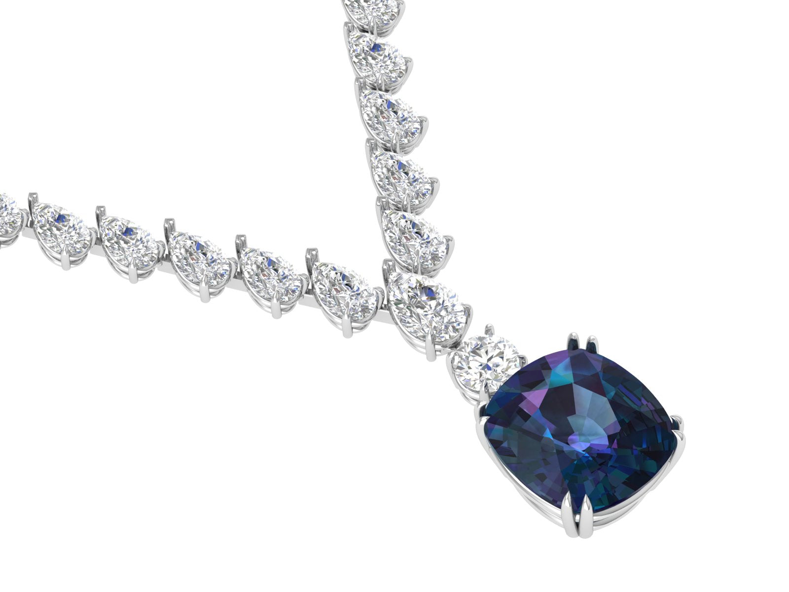 White Gold Diamond Drop Necklace with Blue Sapphire Center | Pear Cut Tennis Chain