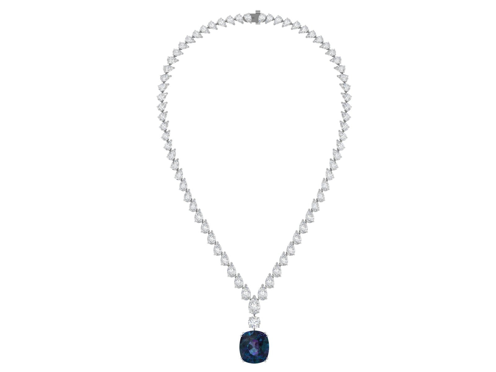 White Gold Diamond Drop Necklace with Blue Sapphire Center | Pear Cut Tennis Chain
