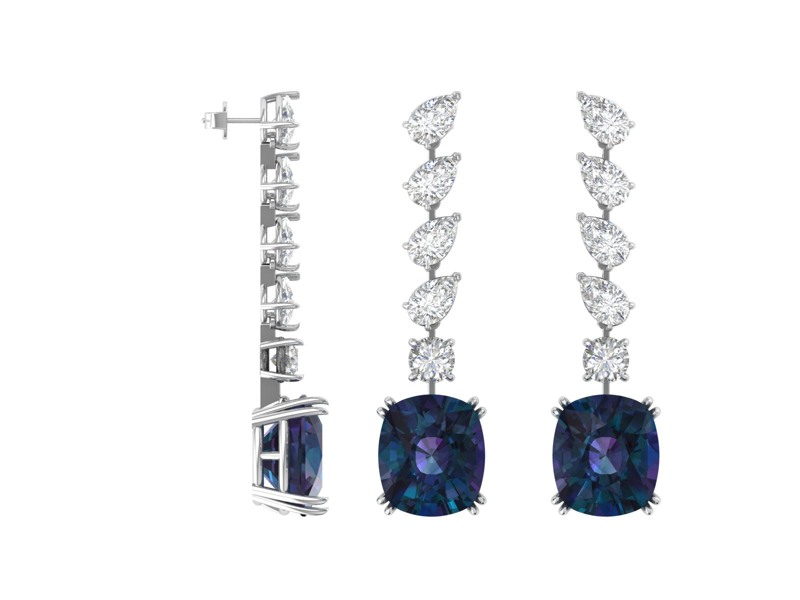 White Gold Diamond Drop Necklace with Blue Sapphire Center | Pear Cut Tennis Chain