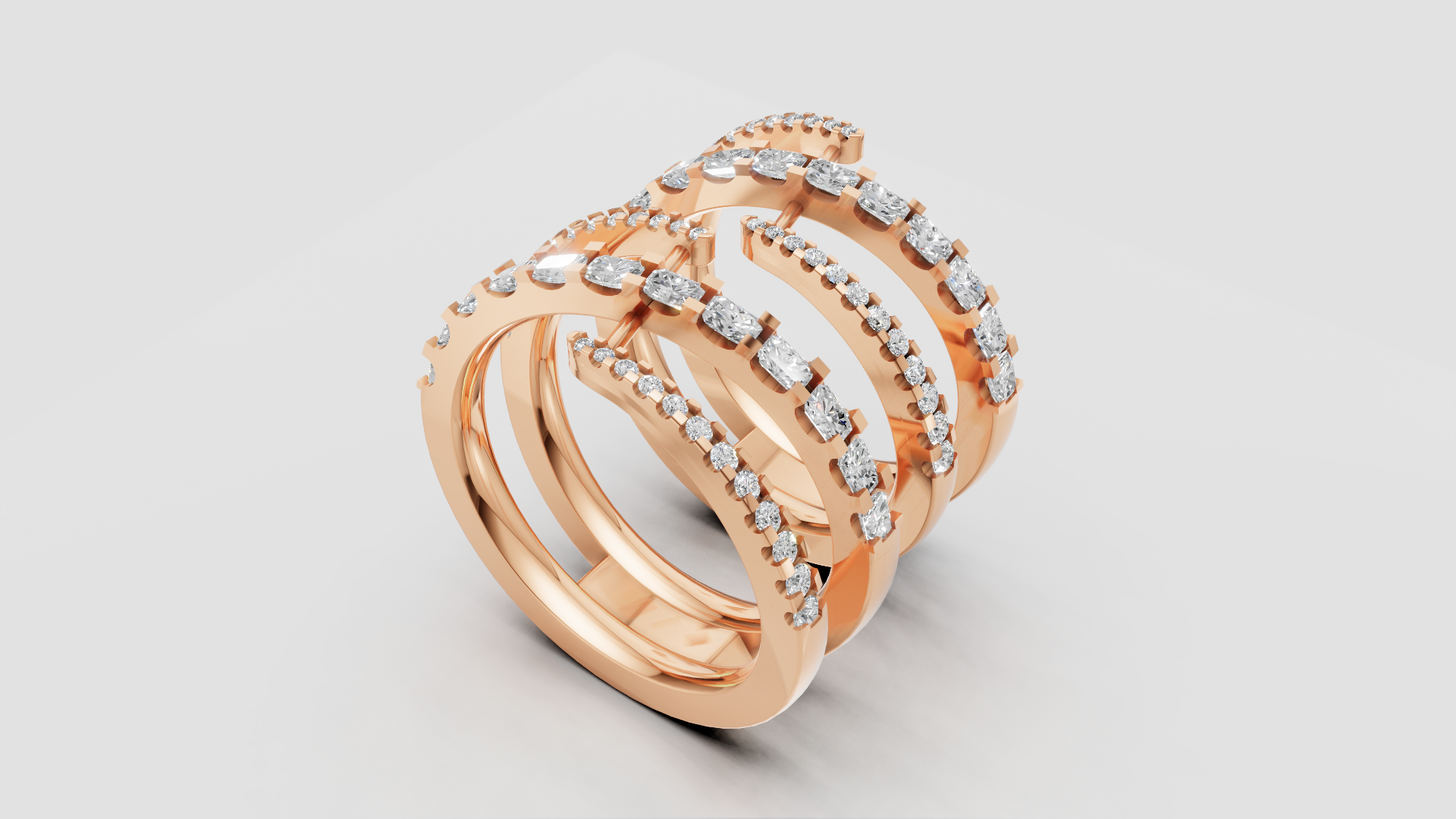 "Aurora Grasp" – Multi-Band Diamond Cage Ring in 14K Rose Gold Brilliance ✨