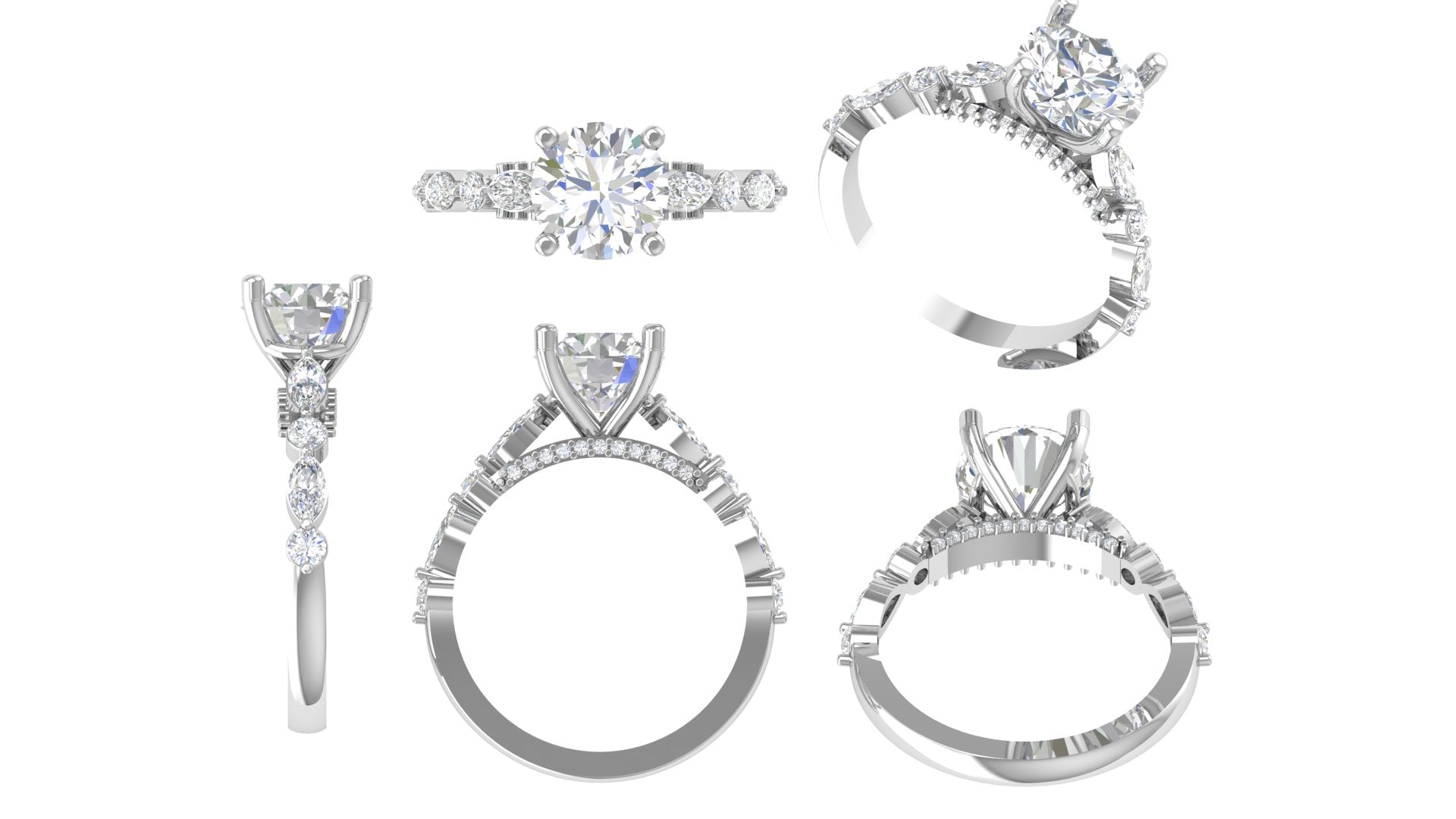 Classic Cushion Cut Diamond Ring with Marquise & Round Side Accents | Elegant 3D STL Jewelry Design