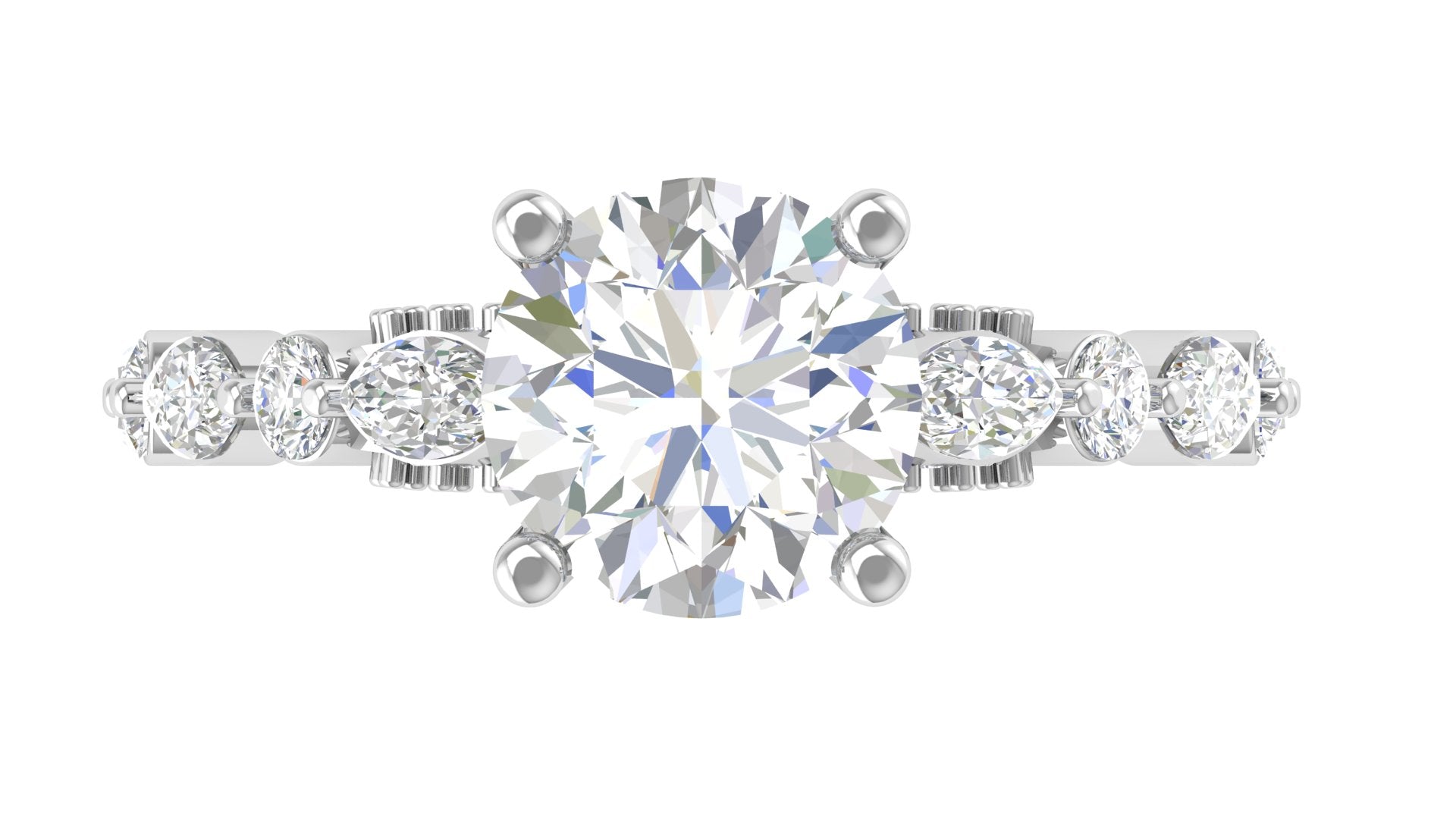 Classic Cushion Cut Diamond Ring with Marquise & Round Side Accents | Elegant 3D STL Jewelry Design