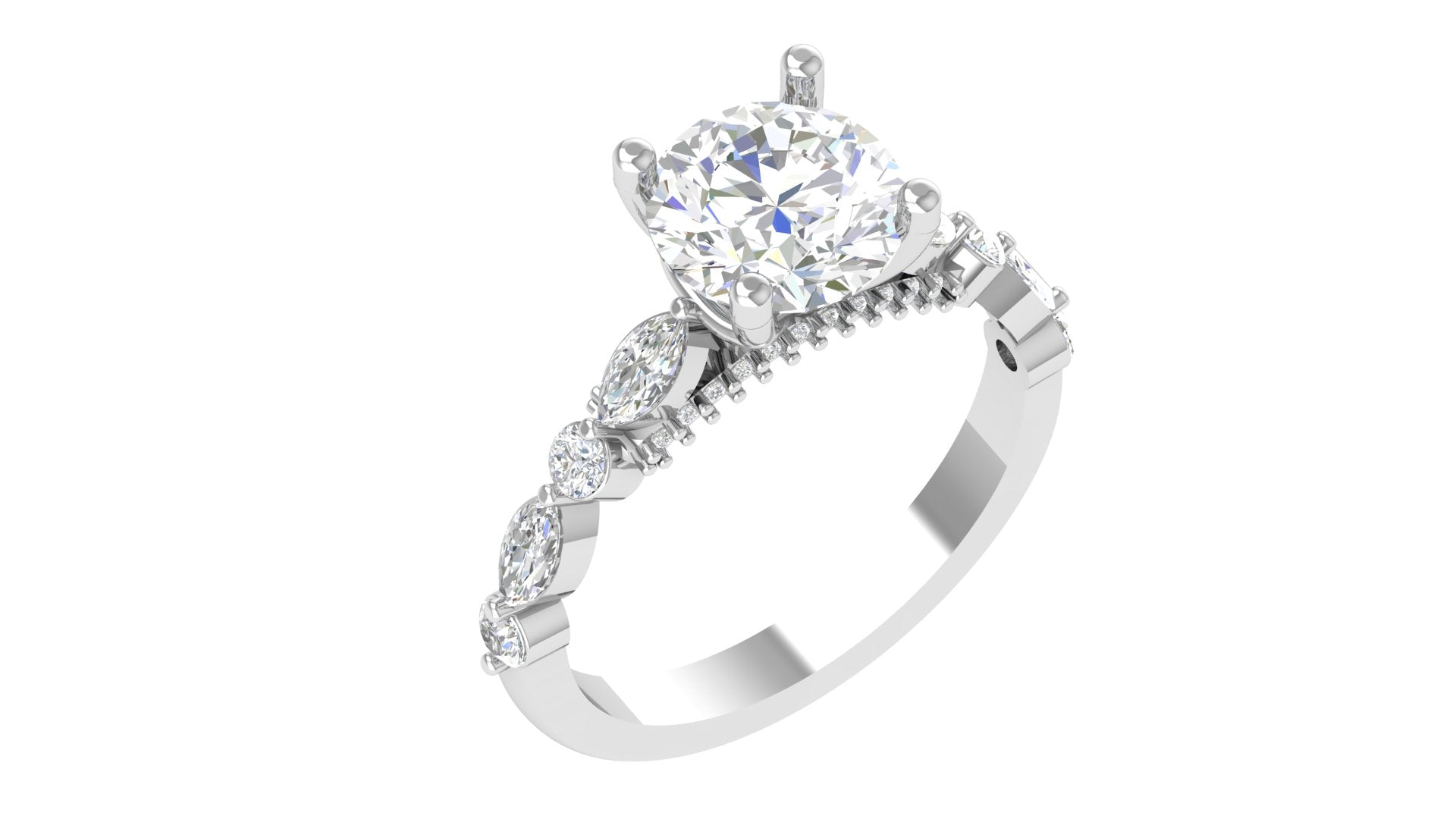 Classic Cushion Cut Diamond Ring with Marquise & Round Side Accents | Elegant 3D STL Jewelry Design
