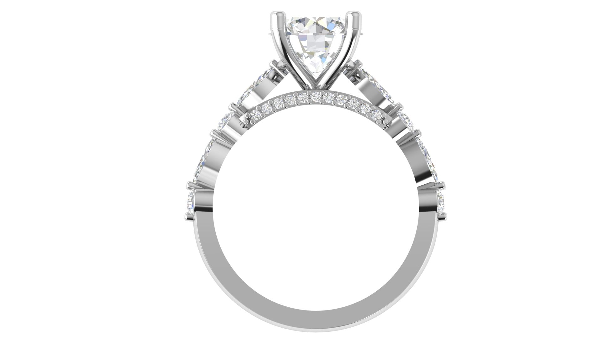 Classic Cushion Cut Diamond Ring with Marquise & Round Side Accents | Elegant 3D STL Jewelry Design