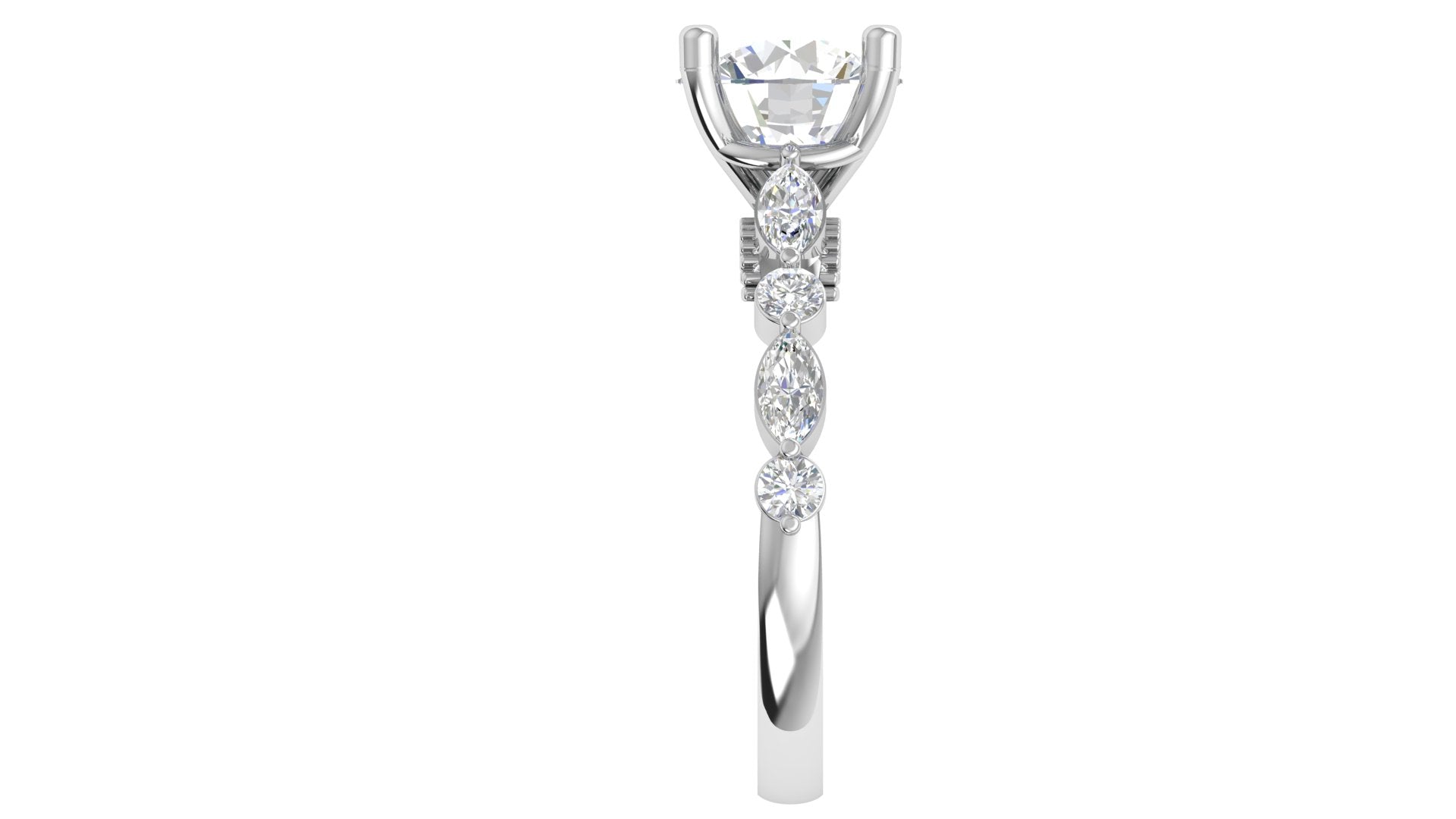 Cushion-Cut Solitaire Engagement Ring – Marquise & Round Accent Band in White Gold | Graceful Romance by DS IMPEX