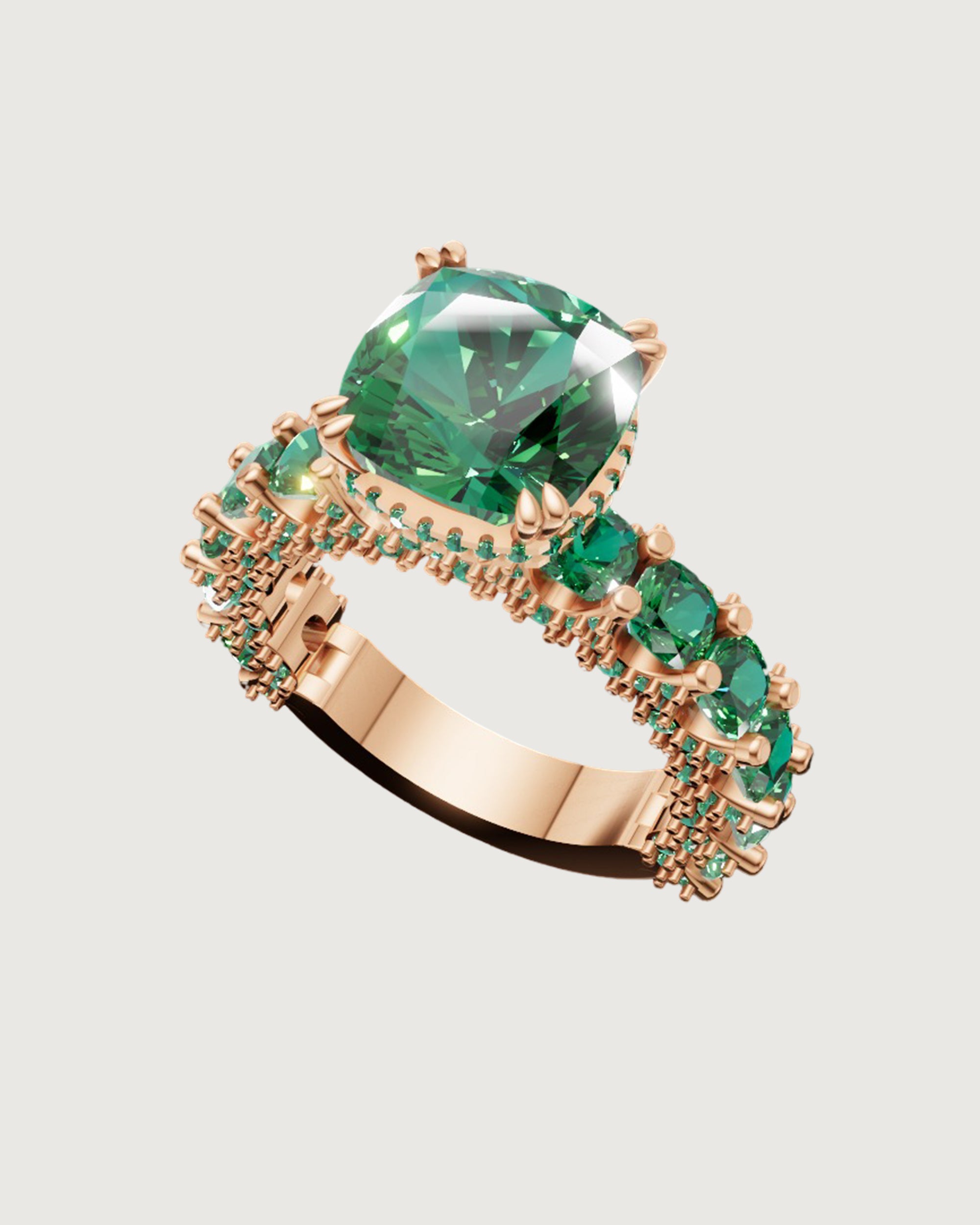 Cushion-Cut Emerald Statement Ring in Rose Gold | Triple-Row Green Gem