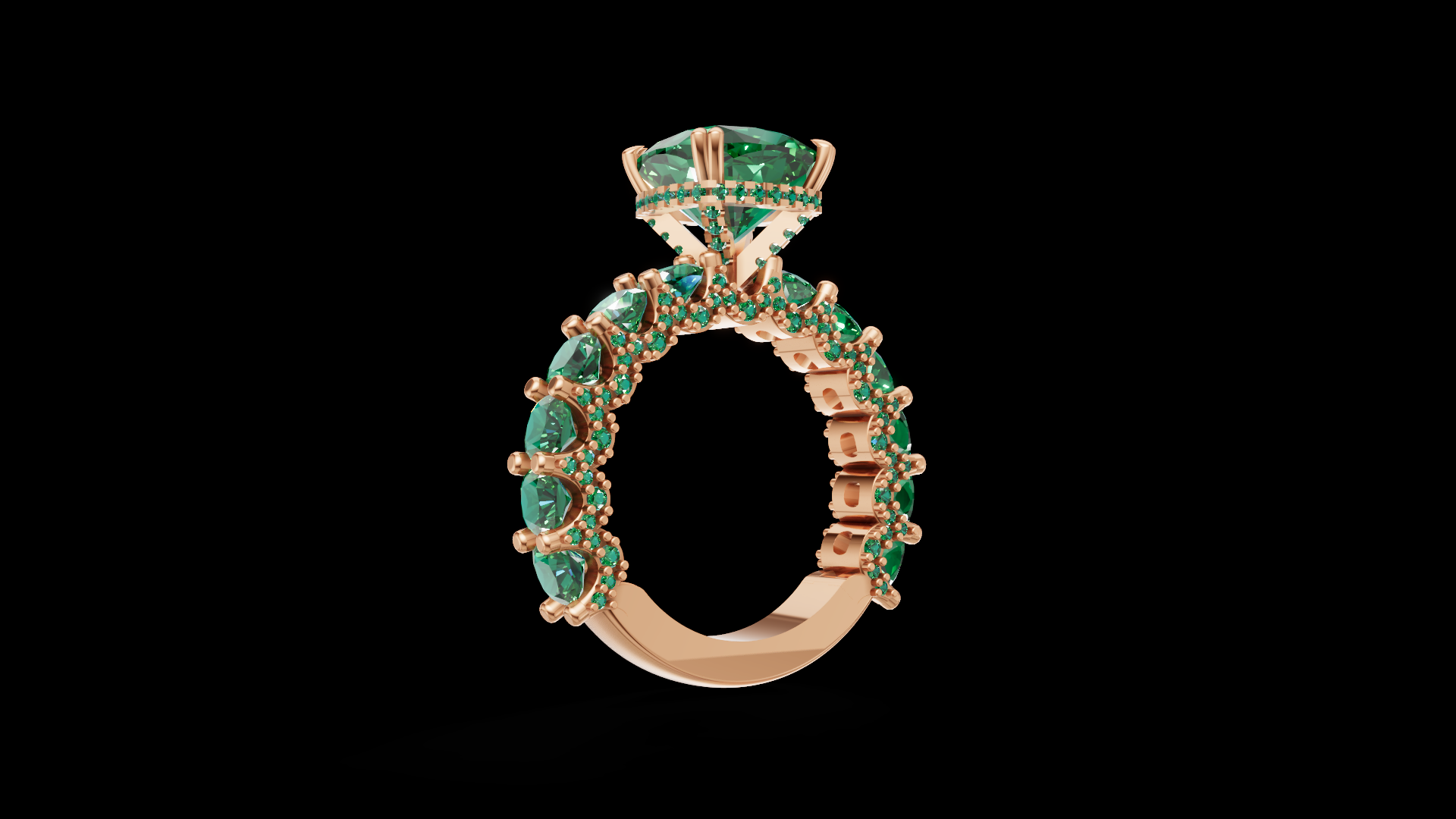 Cushion-Cut Emerald Statement Ring in Rose Gold | Triple-Row Green Gem