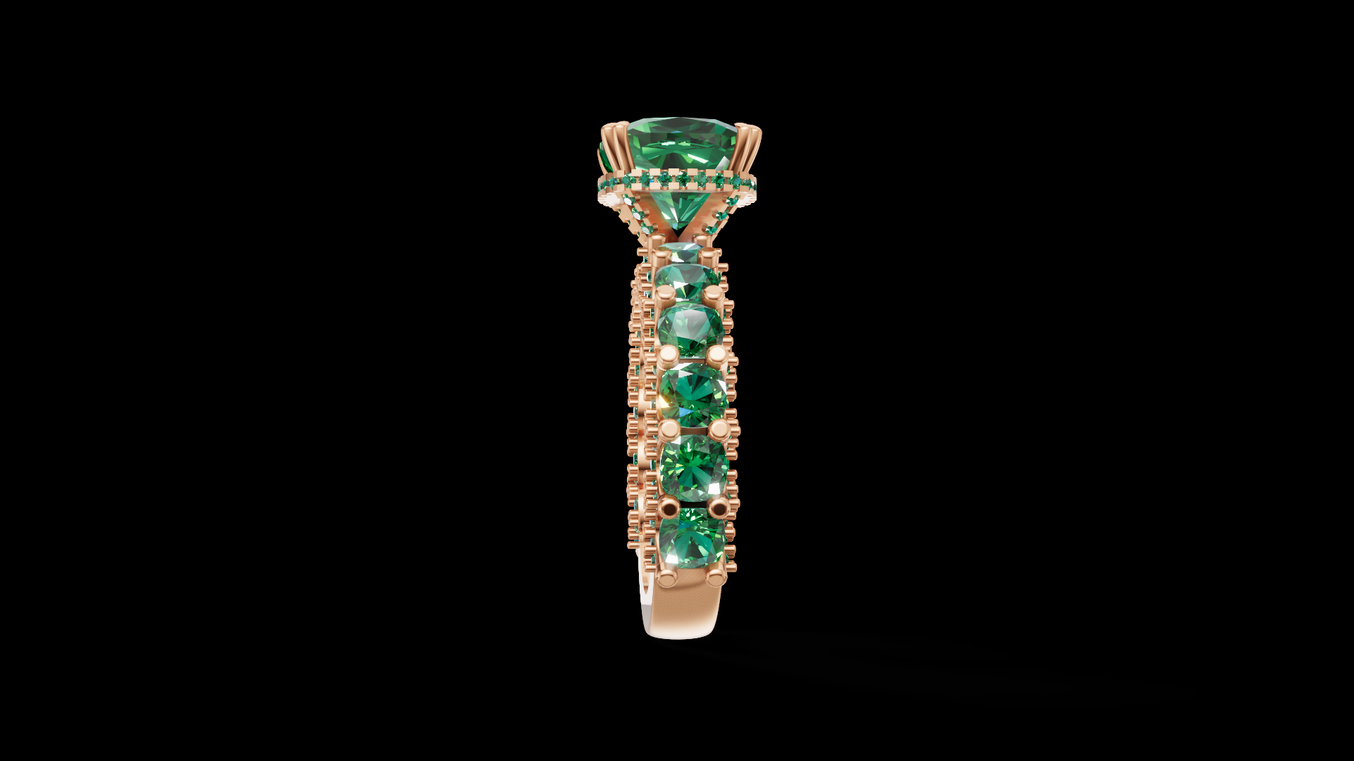 Cushion-Cut Emerald Statement Ring in Rose Gold | Triple-Row Green Gem