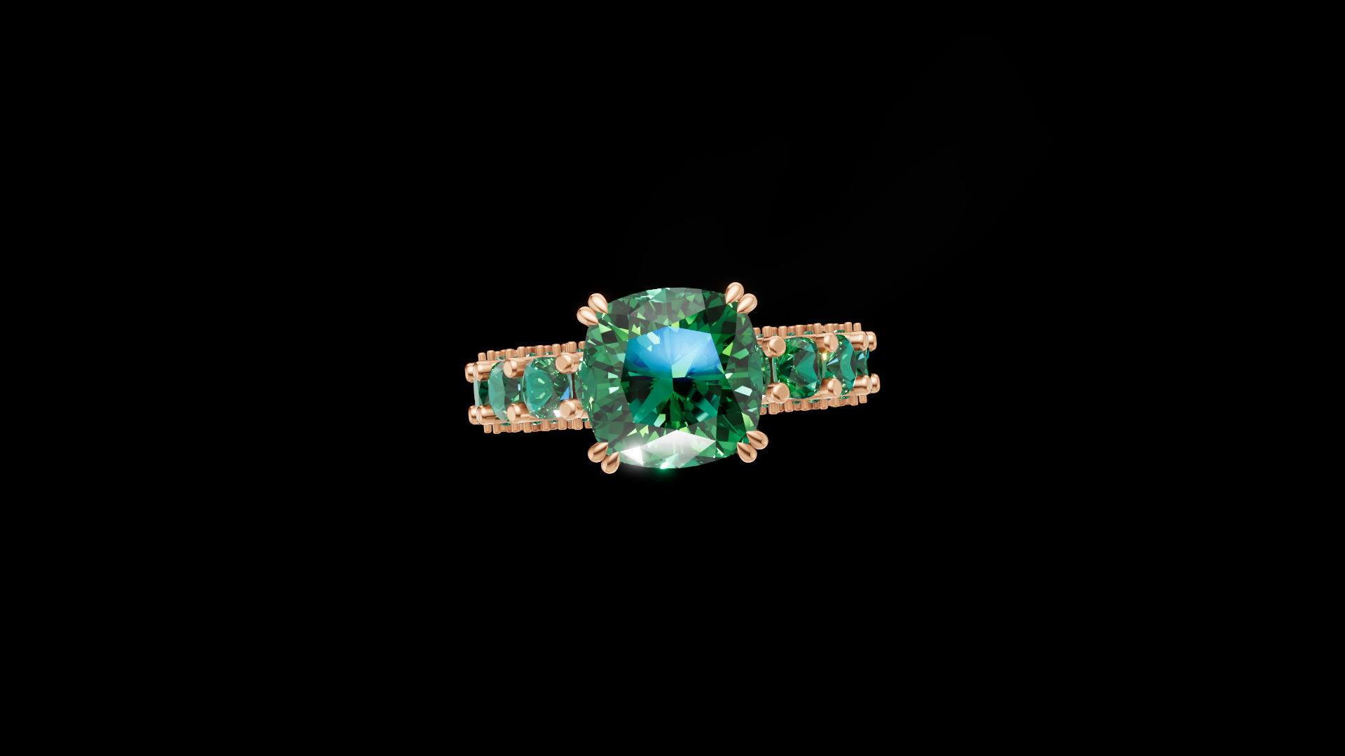 Cushion-Cut Emerald Statement Ring in Rose Gold | Triple-Row Green Gem