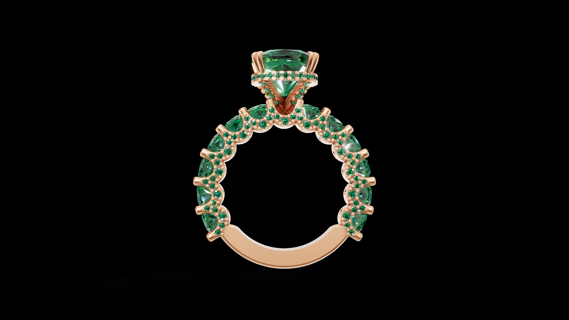 Cushion-Cut Emerald Statement Ring in Rose Gold | Triple-Row Green Gem