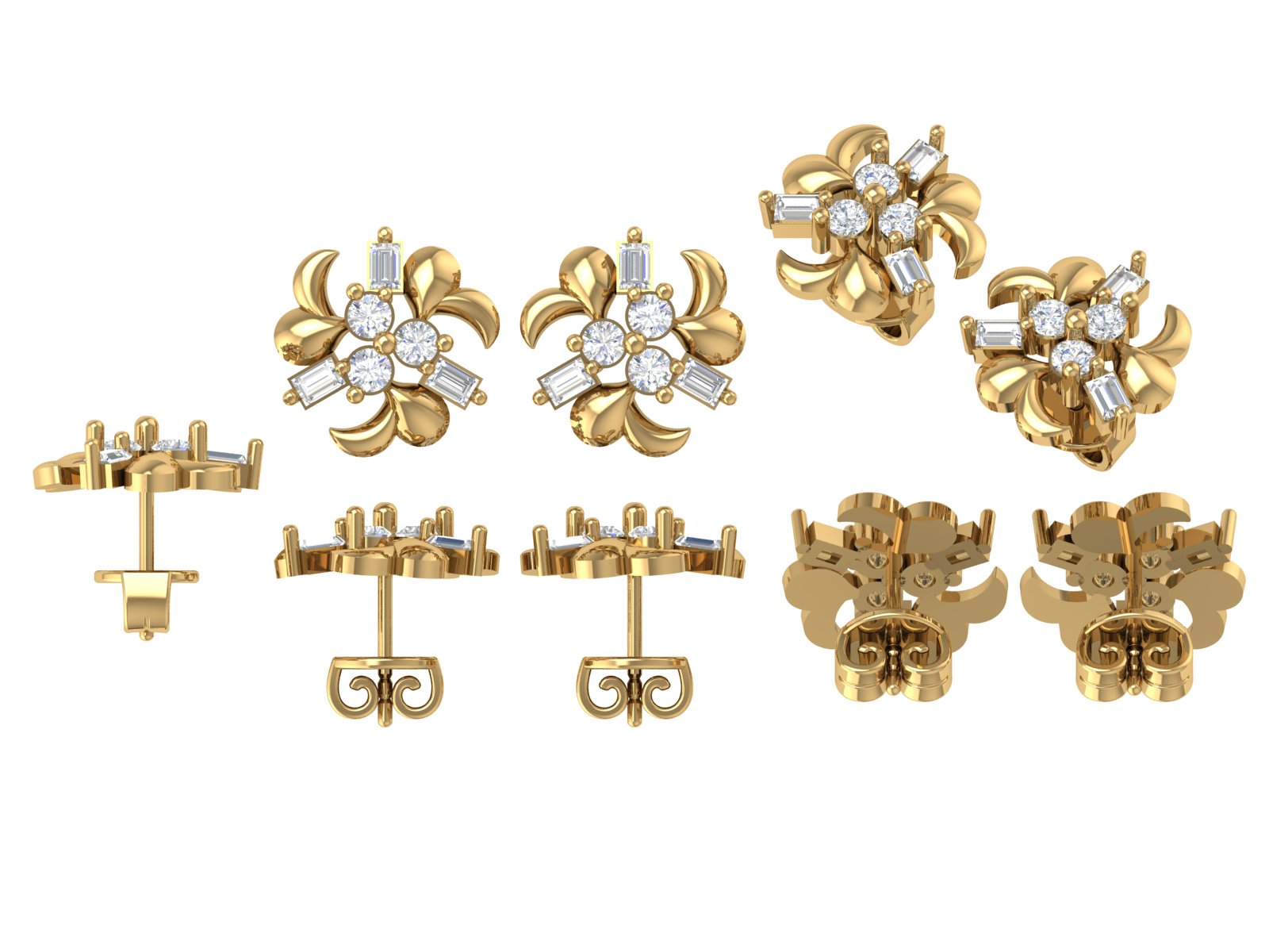 Golden Bloom Baguette Studs – Modern Floral Charm