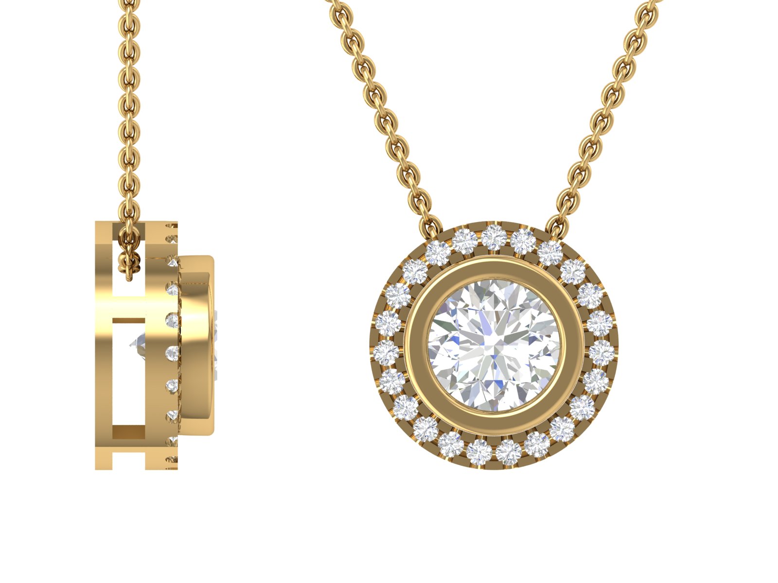 18K Yellow Gold Bezel-Set Solitaire Halo Pendant | Round Brilliant Diamond Necklace