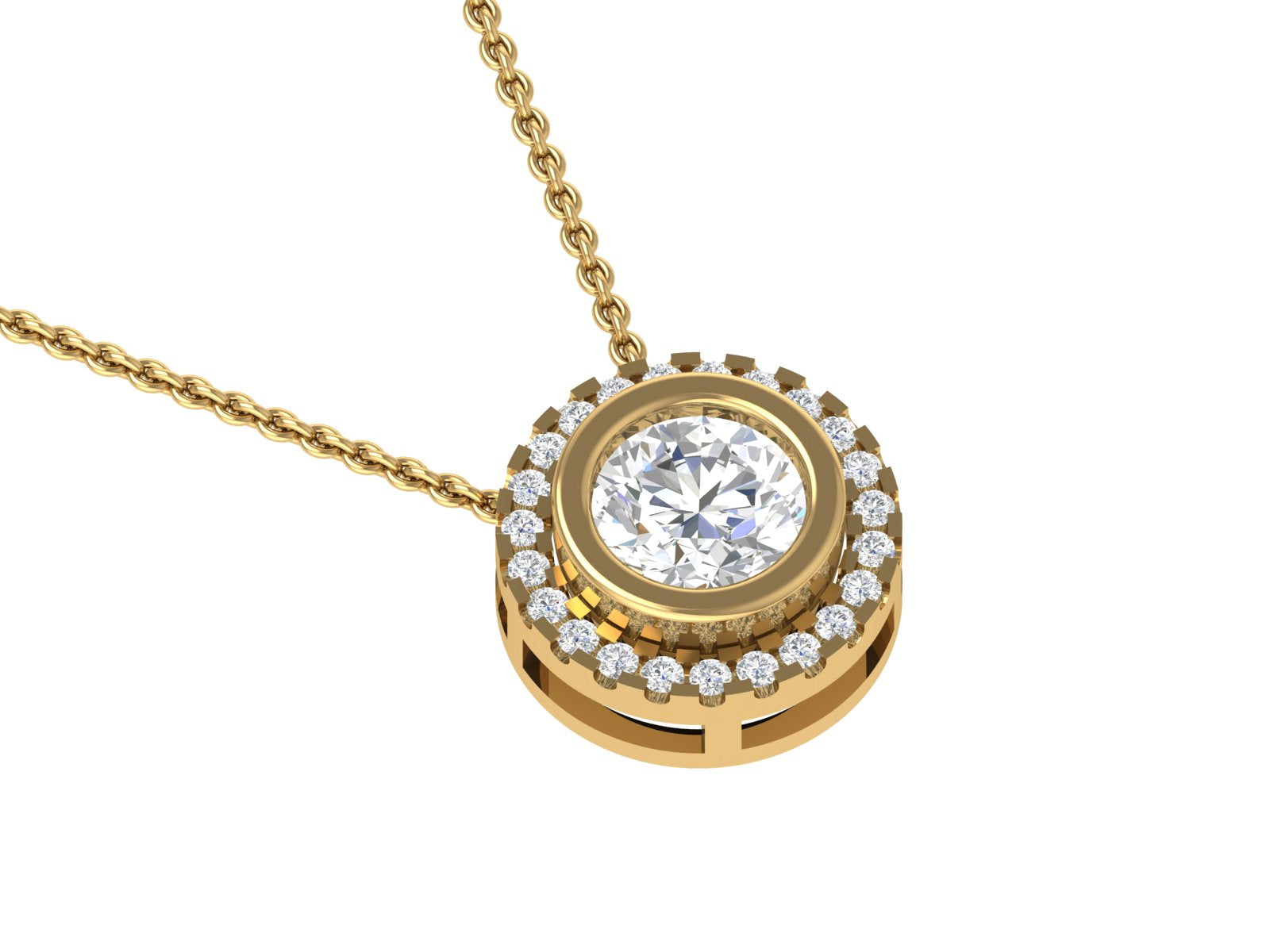18K Yellow Gold Bezel-Set Solitaire Halo Pendant | Round Brilliant Diamond Necklace