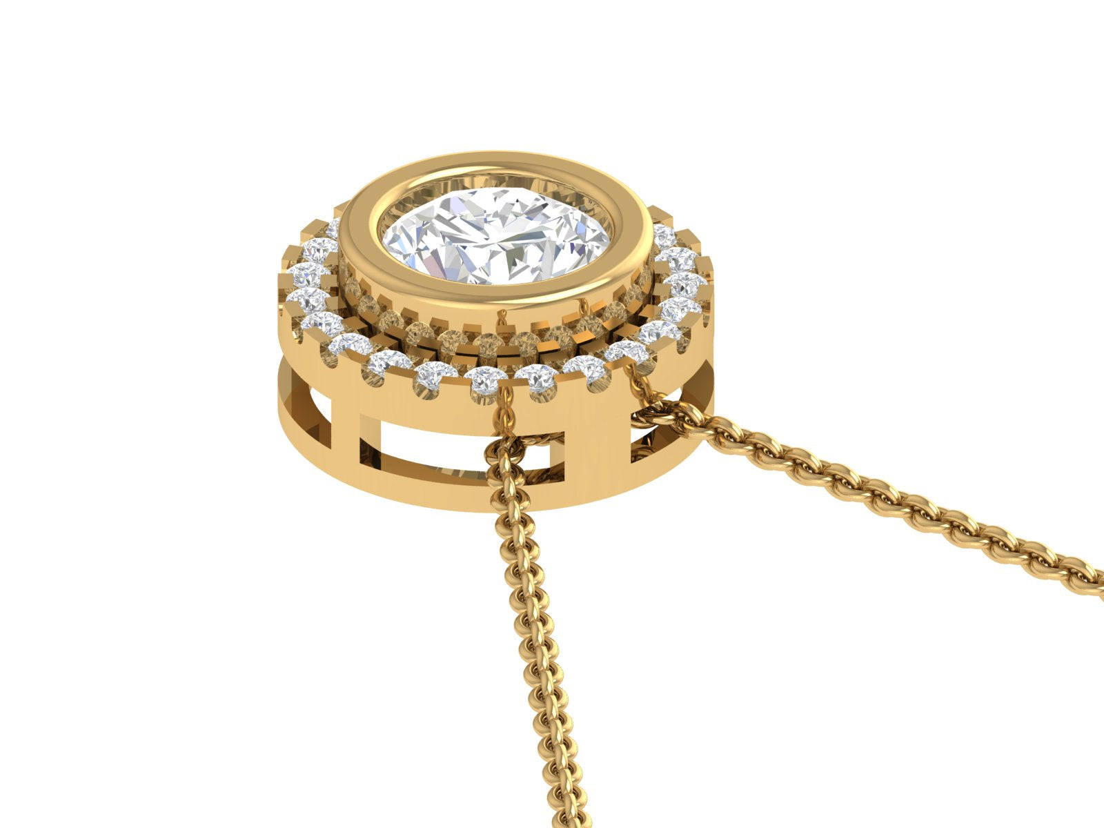 18K Yellow Gold Bezel-Set Solitaire Halo Pendant | Round Brilliant Diamond Necklace