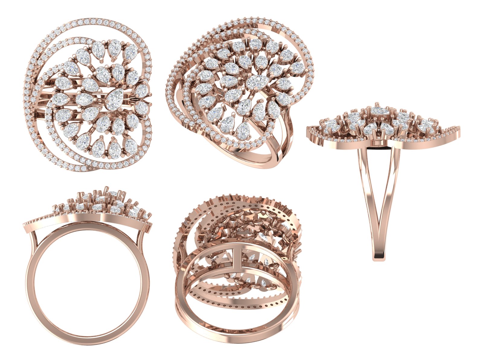 Royal Teardrop Blossom Ring – Statement Rose Gold Diamond Sparkle