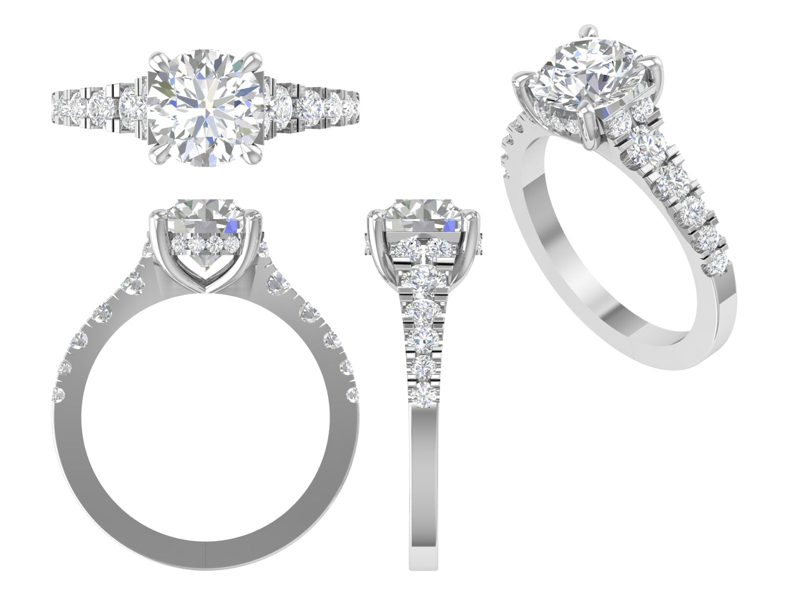 Graduated Side-Stone Diamond Engagement Ring – Round Brilliant Center in White Gold | Elegant Sparkle by DS IMPEX