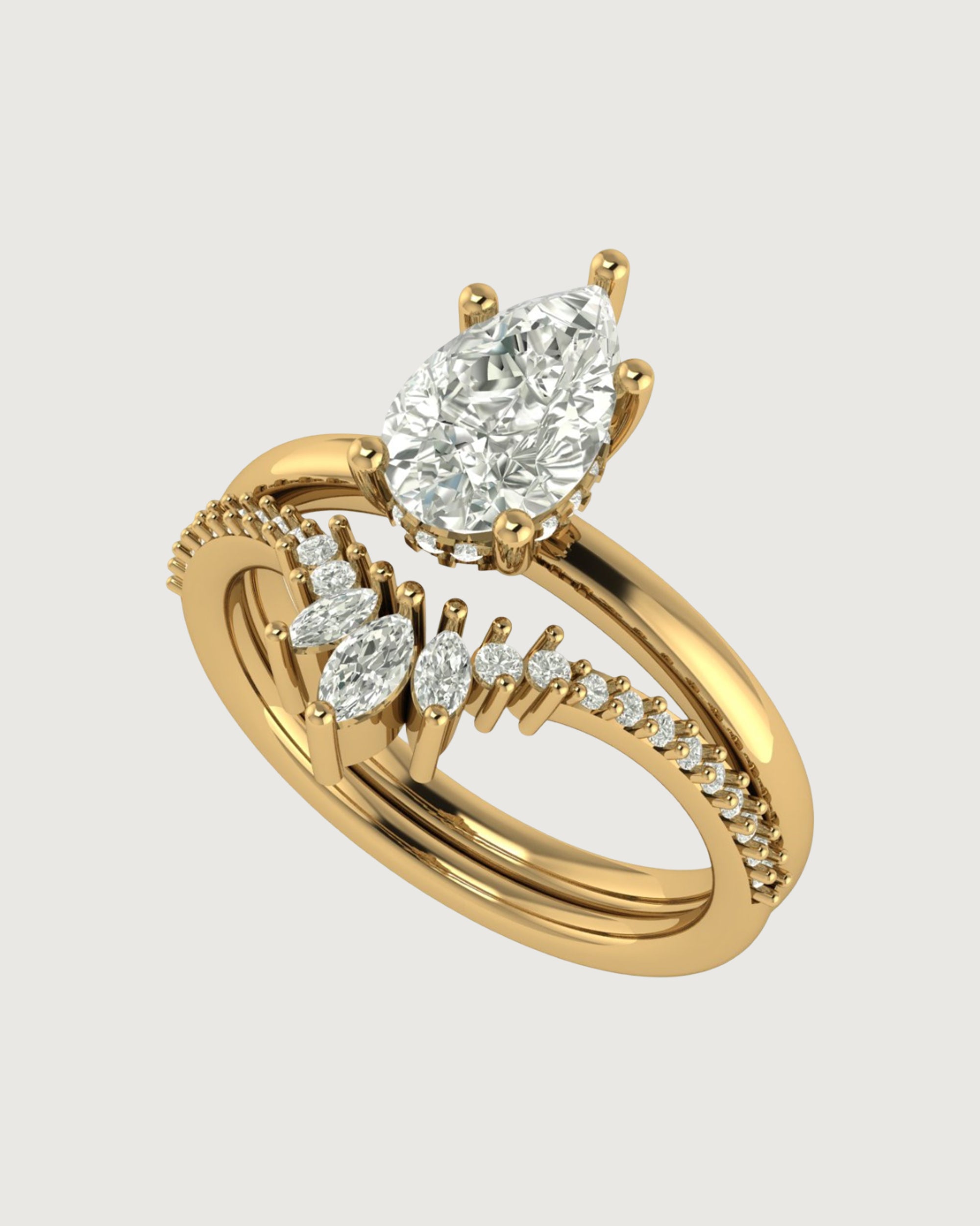 V-Shaped Marquise & Round Diamond Ring in Yellow Gold | Crown-Inspired Chevron