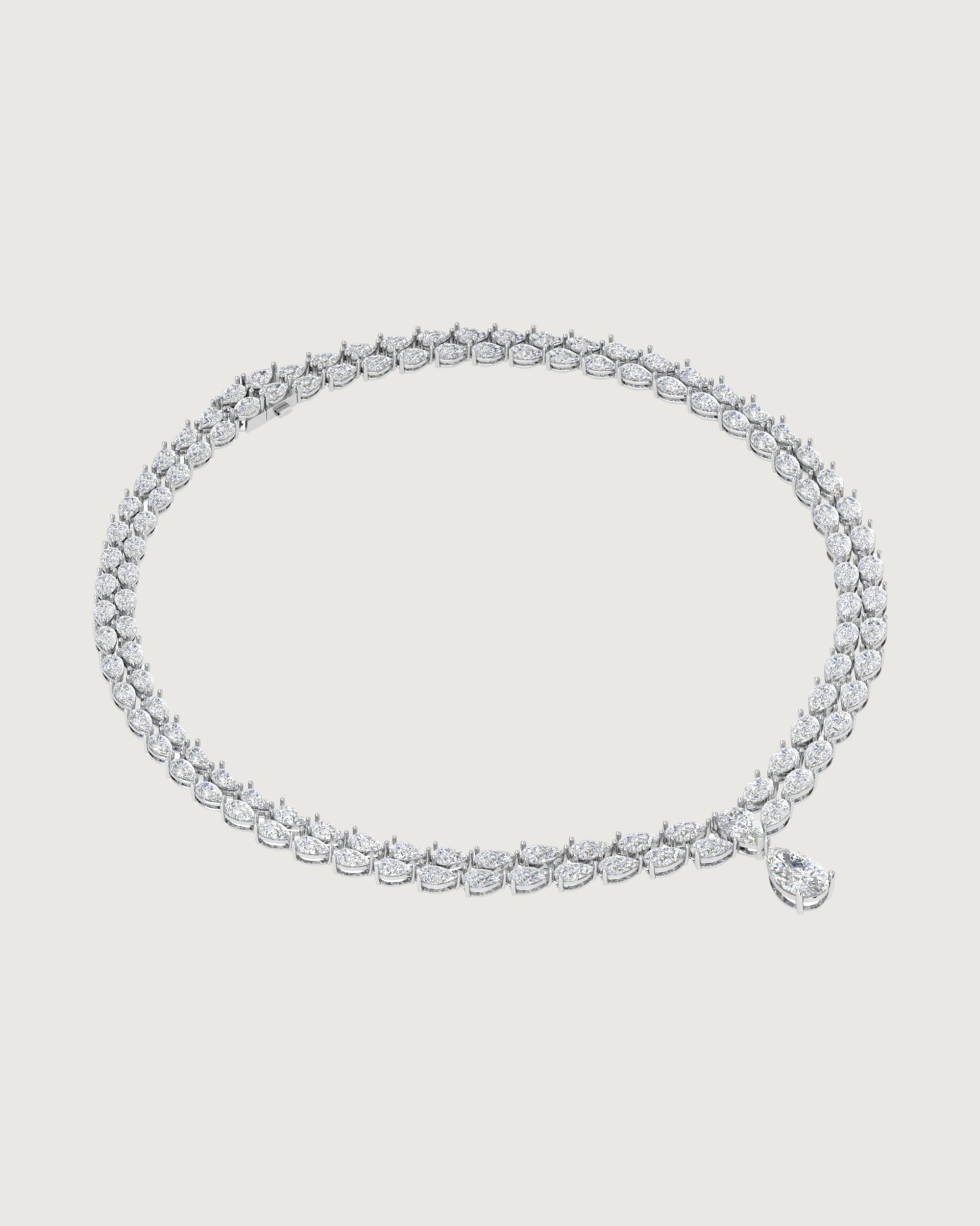 White Gold Double Row Diamond Drop Necklace | Pear-Cut Cluster Choker with Teardrop Center