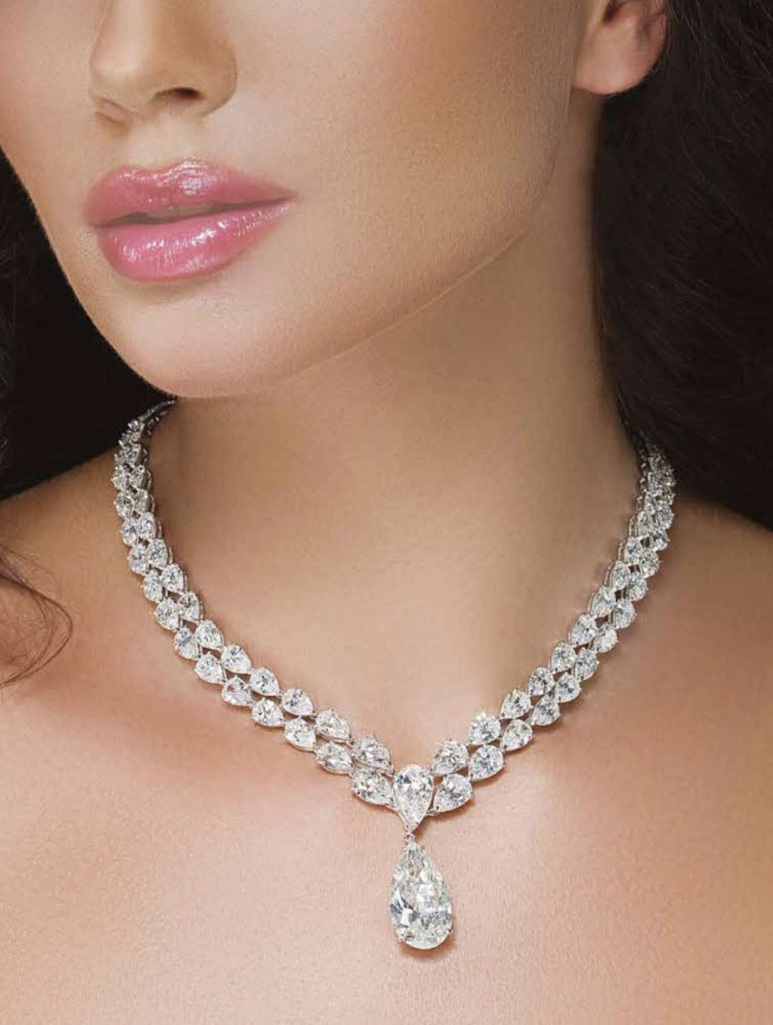 White Gold Double Row Diamond Drop Necklace | Pear-Cut Cluster Choker with Teardrop Center
