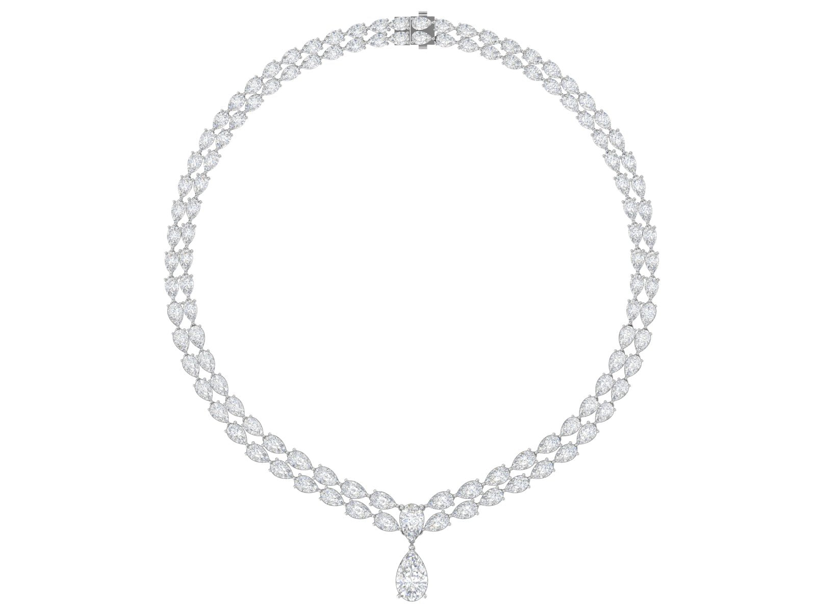 White Gold Double Row Diamond Drop Necklace | Pear-Cut Cluster Choker with Teardrop Center
