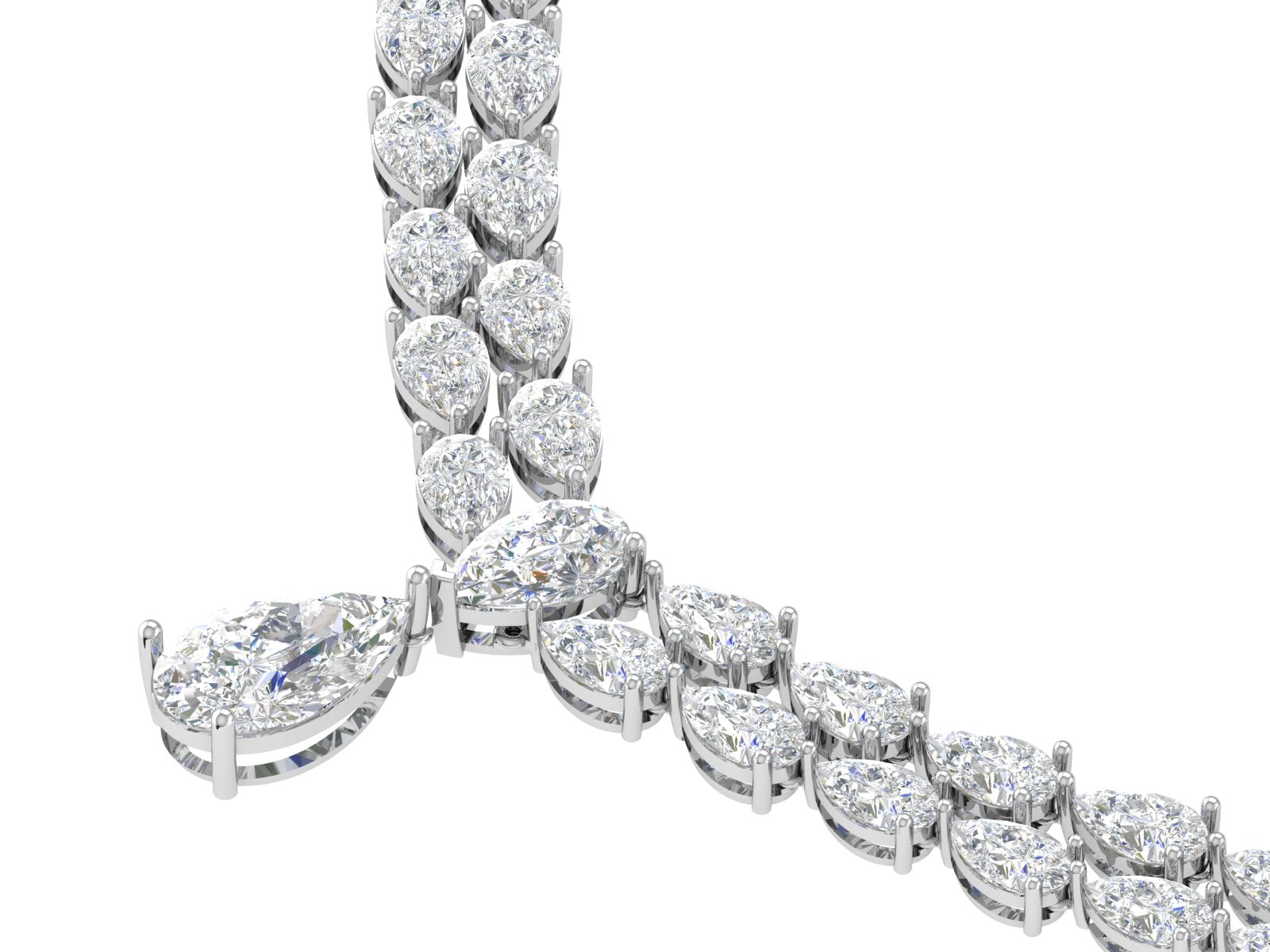 White Gold Double Row Diamond Drop Necklace | Pear-Cut Cluster Choker with Teardrop Center