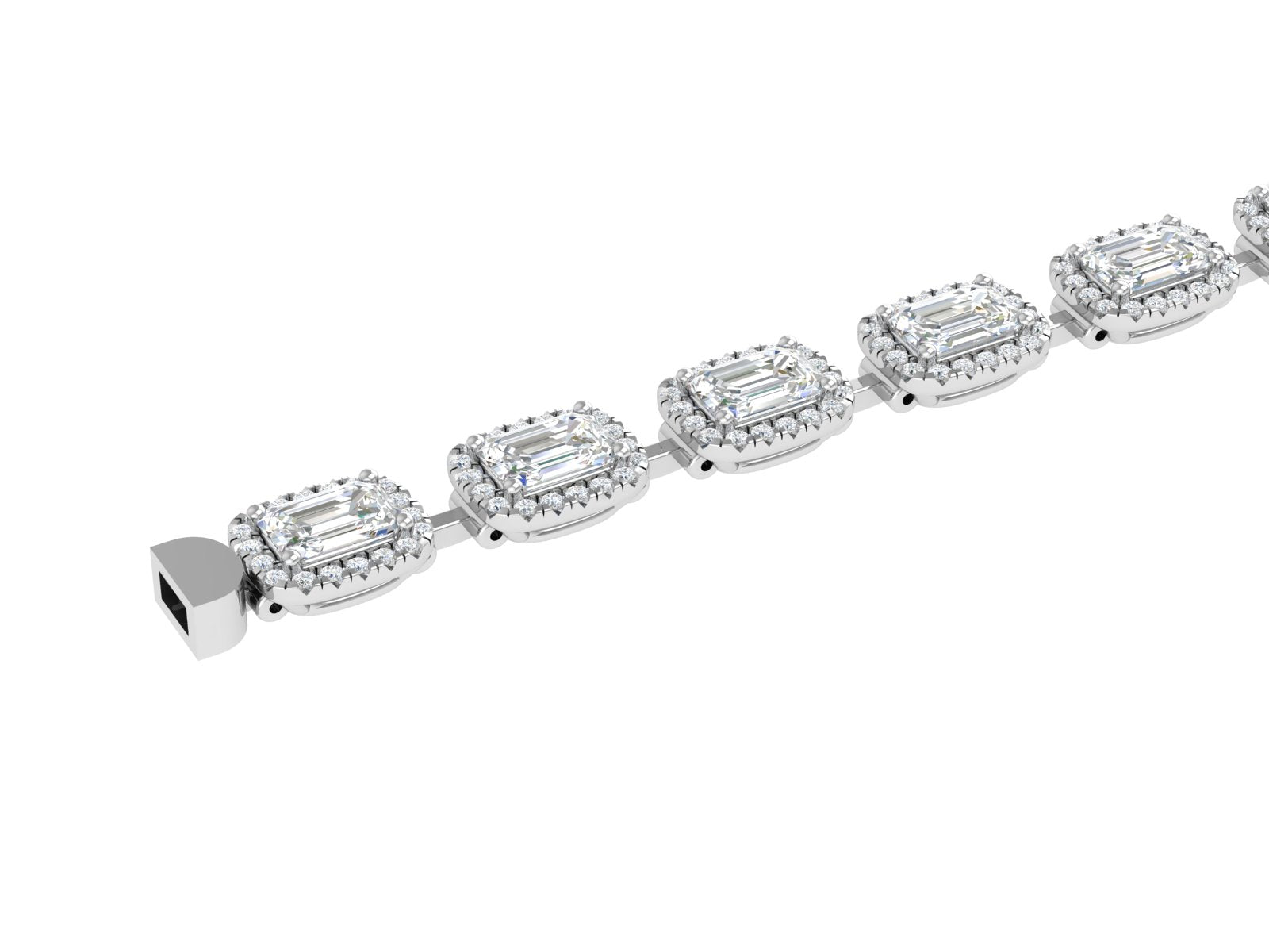 Luxurious White Gold Emerald-Cut Diamond Halo Tennis Bracelet | Classic Statement Link Bracelet