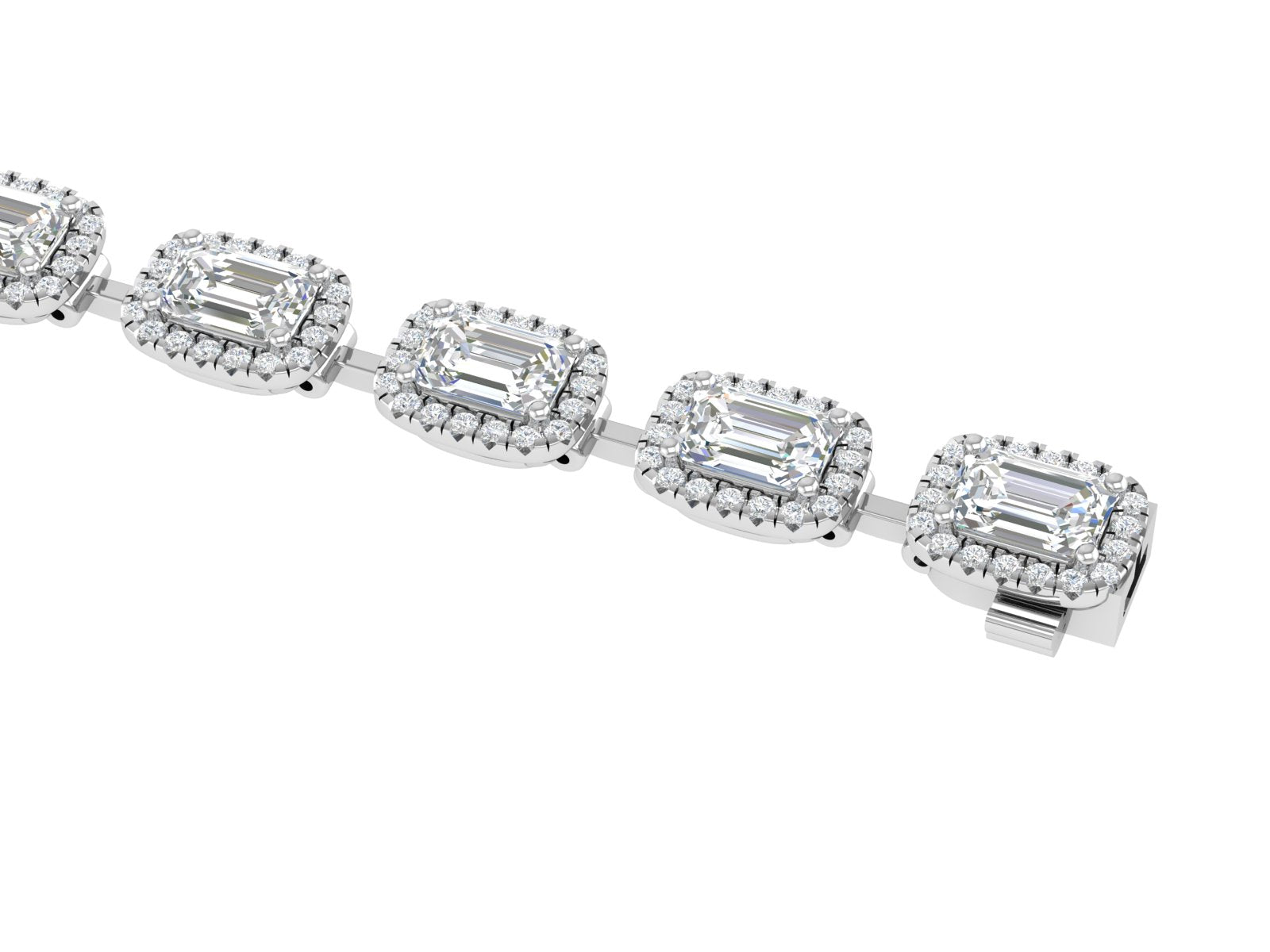 Luxurious White Gold Emerald-Cut Diamond Halo Tennis Bracelet | Classic Statement Link Bracelet