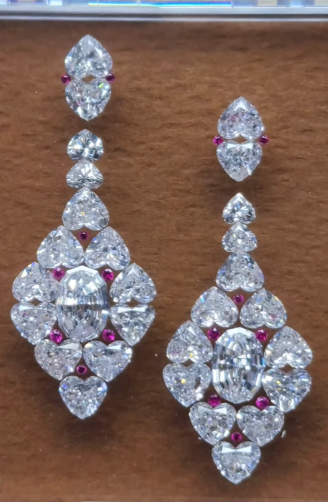 Vintage Glamour Heart Cluster Earrings – Radiant Cushion Cut with Ruby Accents