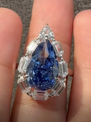 Ocean Bloom – 14K White Gold Blue Pear & Baguette Diamond Ring | DS IMPEX