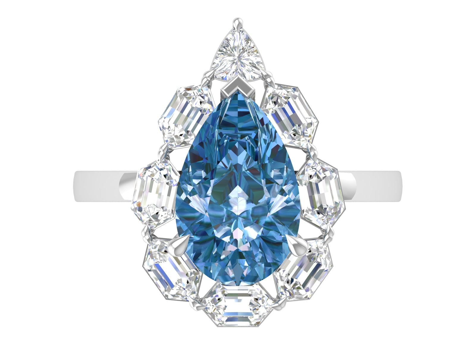 Ocean Bloom – 14K White Gold Blue Pear & Baguette Diamond Ring | DS IMPEX