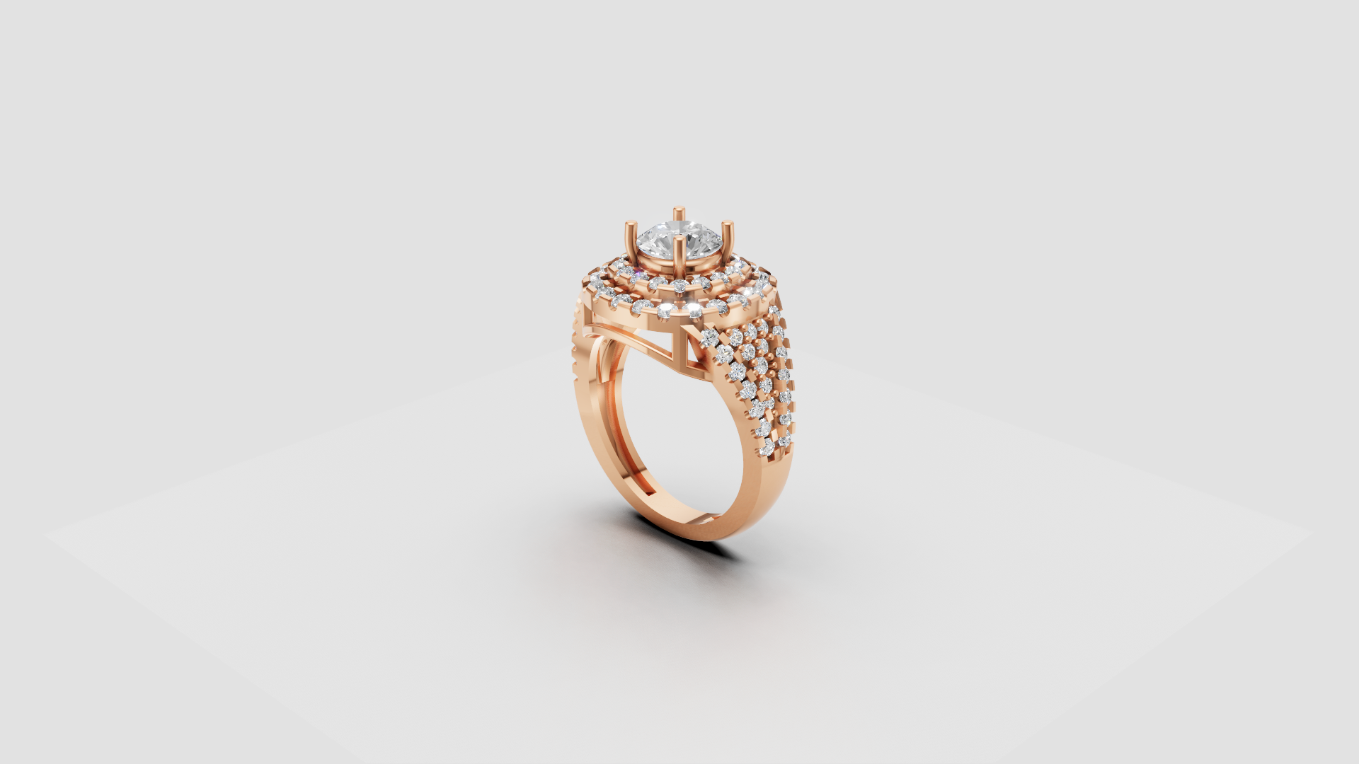💍 Radiant Crown – Round Solitaire Halo Ring with Triple Row Diamonds | DS IMPEX Signature