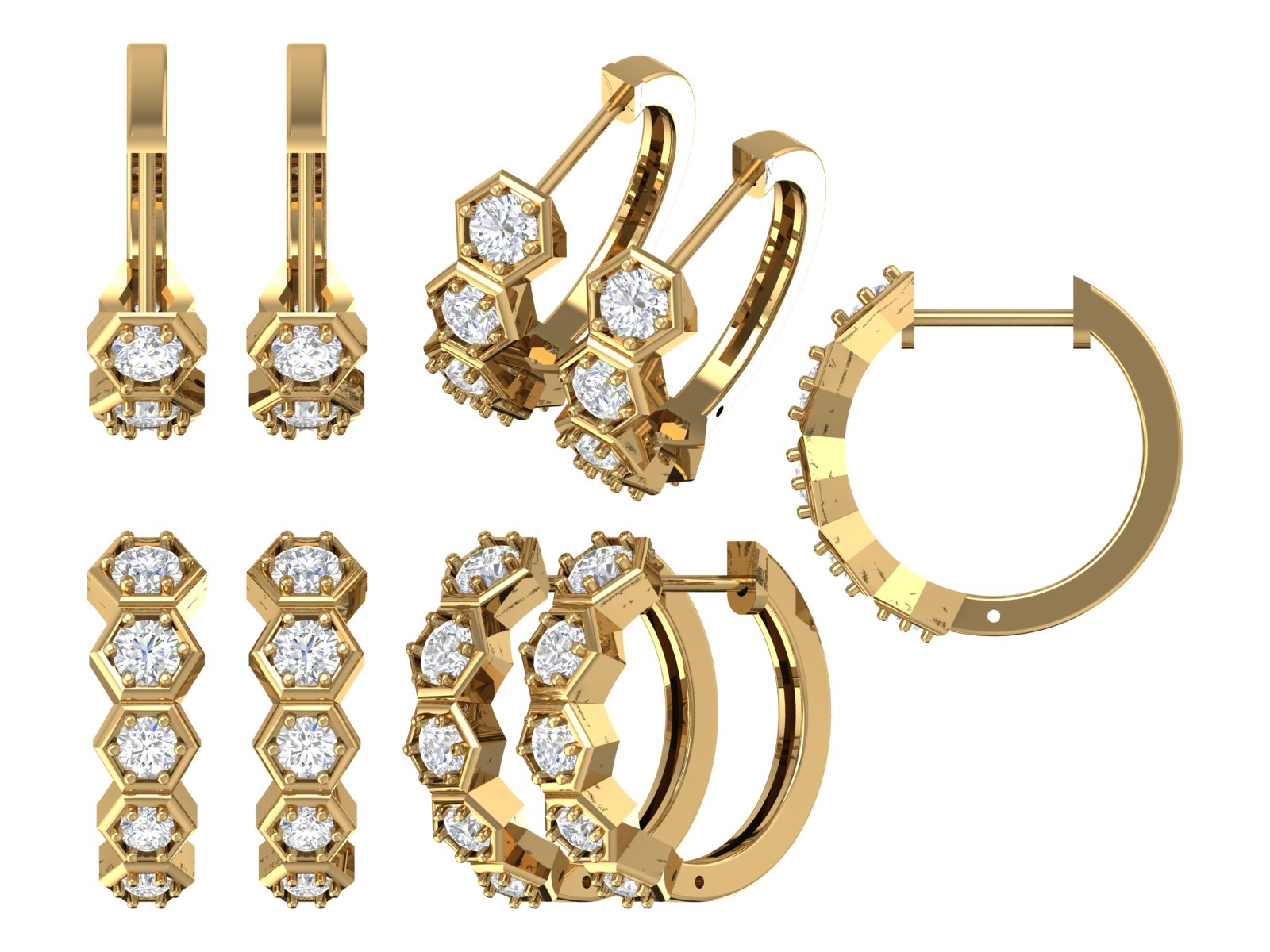 Hexagon Diamond Hoop Earrings | 14K Gold | DS IMPEX