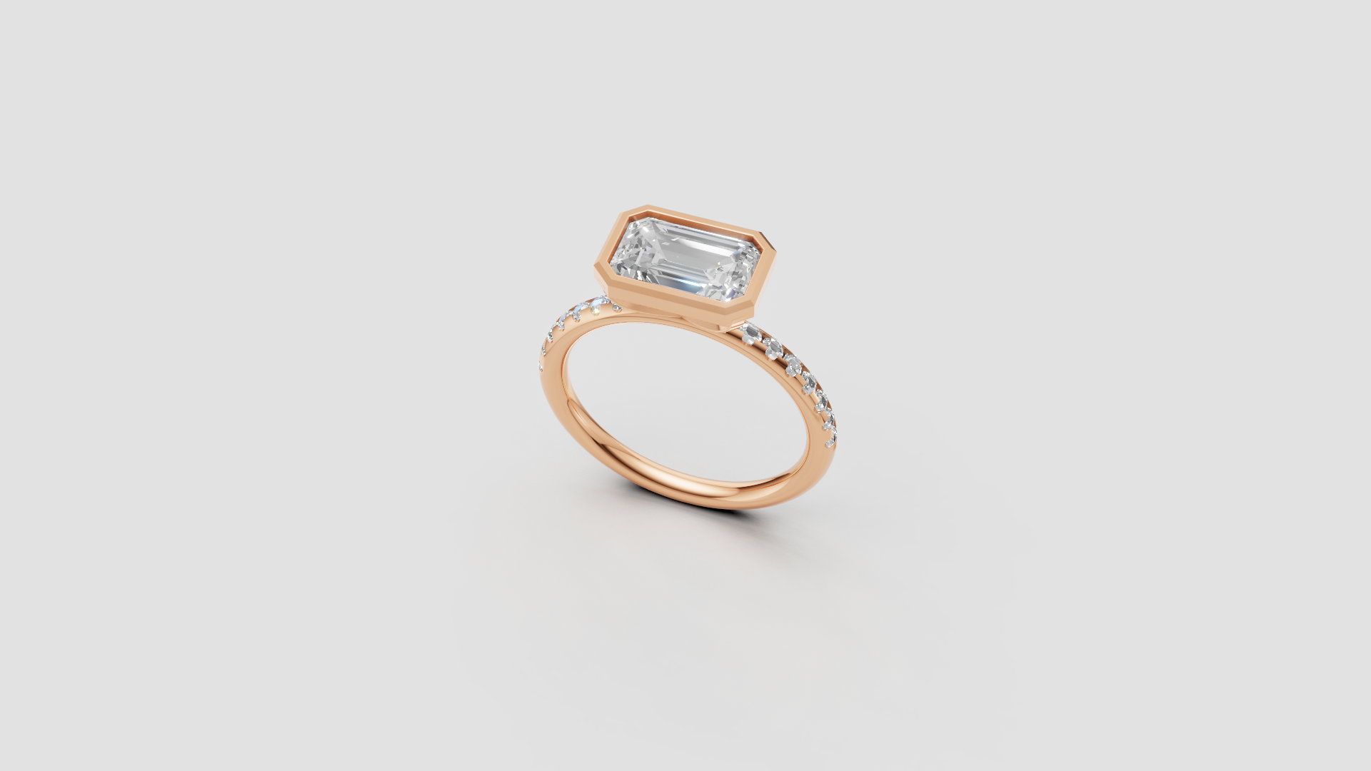 ✨ Emerald-Cut Bezel Solitaire with Diamond Band | 14K Rose Gold Ring | DS IMPEX