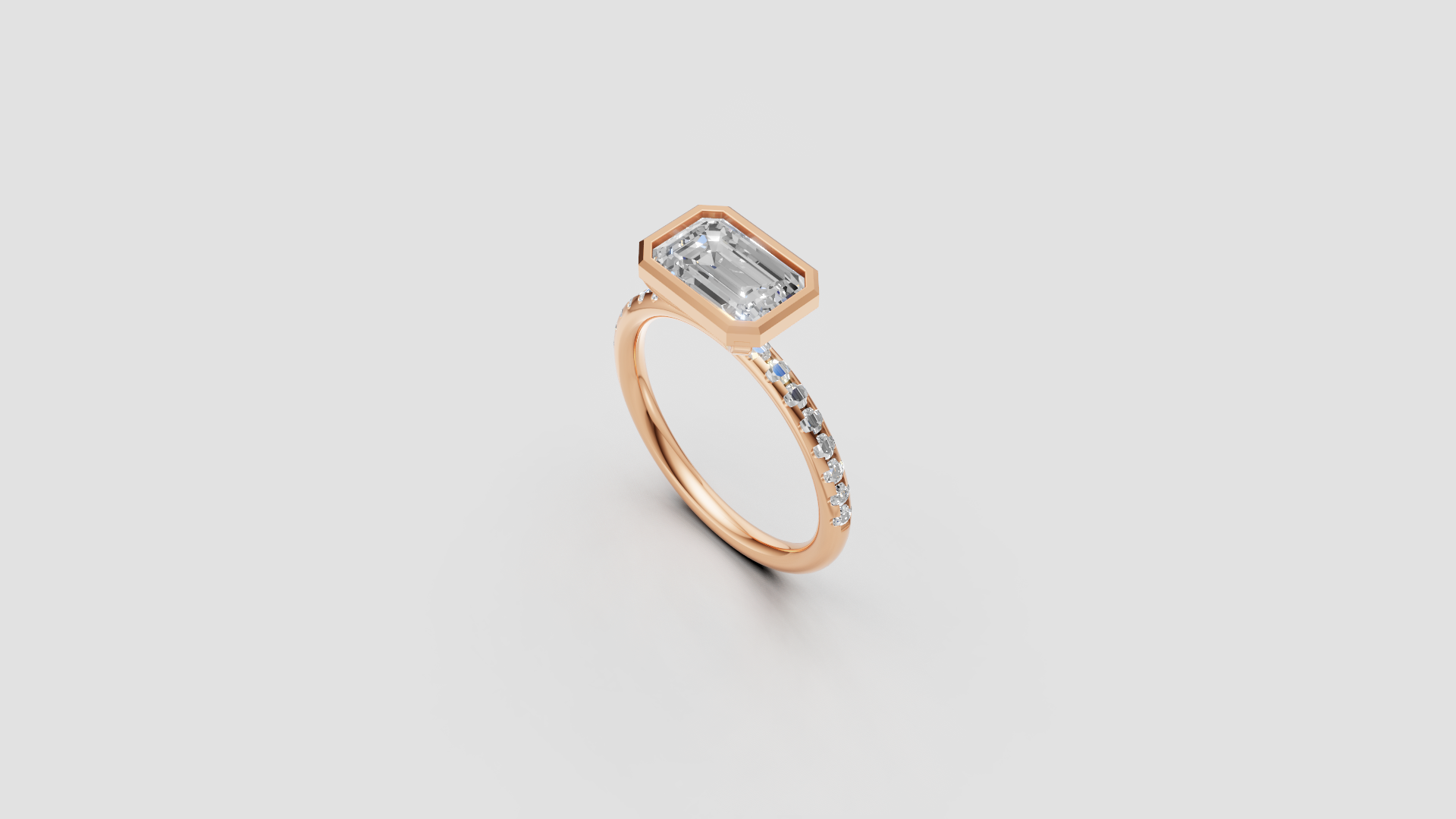 ✨ Emerald-Cut Bezel Solitaire with Diamond Band | 14K Rose Gold Ring | DS IMPEX