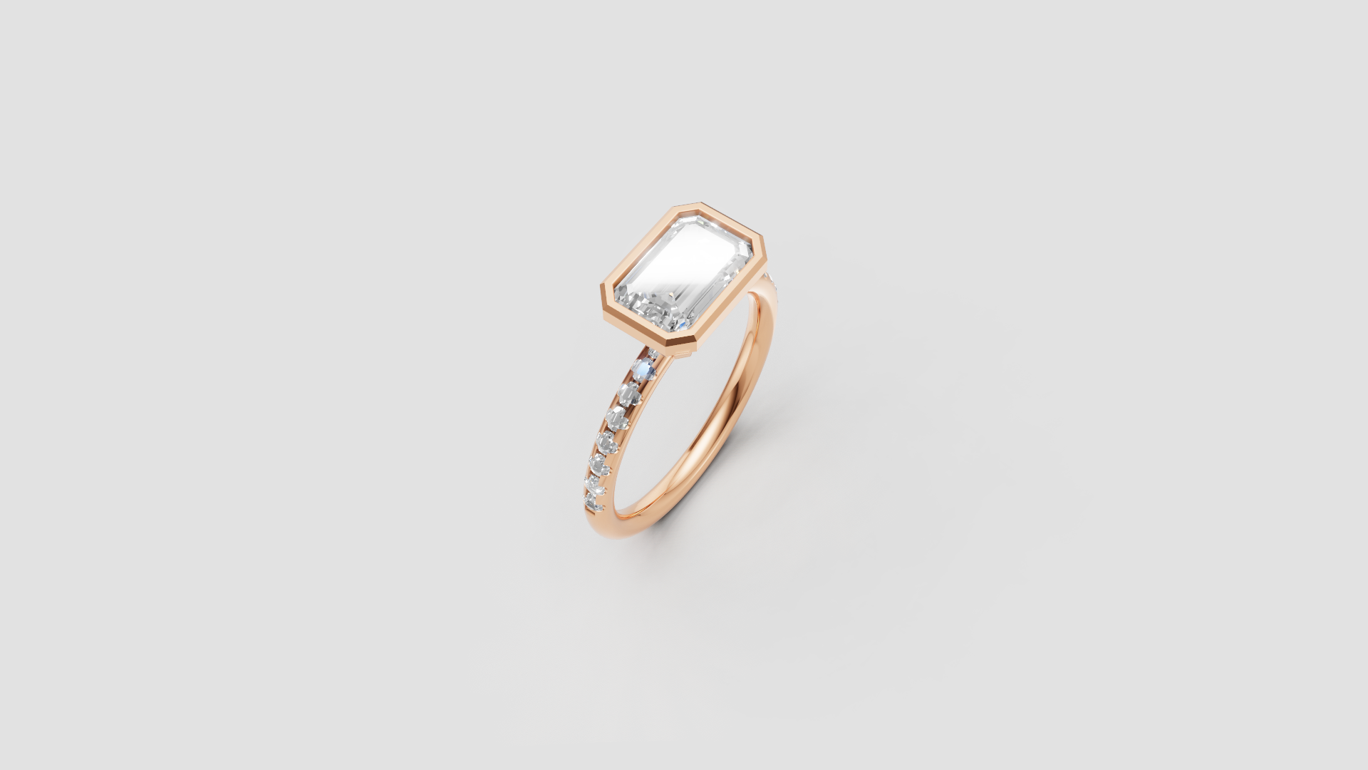 ✨ Emerald-Cut Bezel Solitaire with Diamond Band | 14K Rose Gold Ring | DS IMPEX